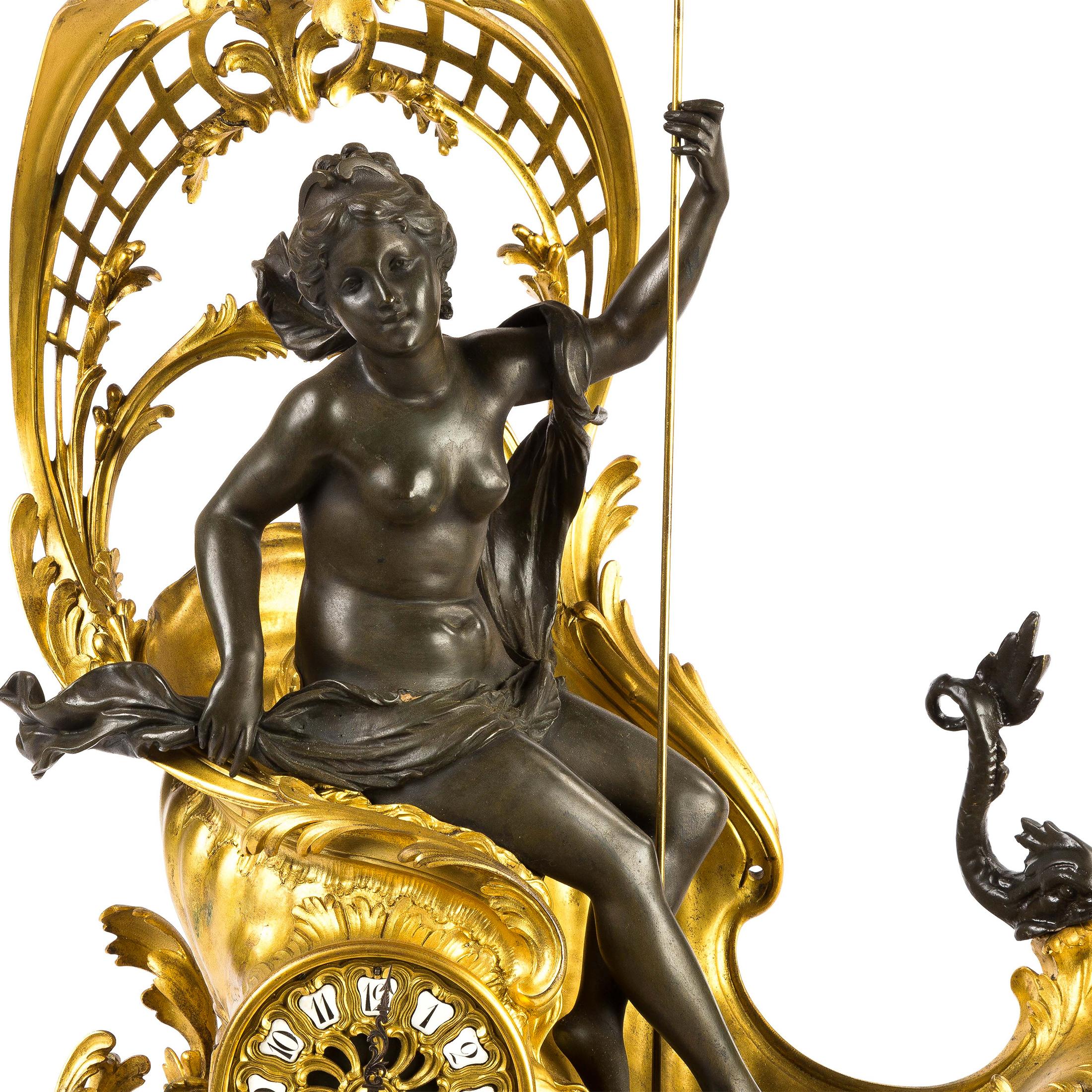 Gilt French Ormolu Figural Mantel Clock Depicting Amphitrite's Chariot For Sale