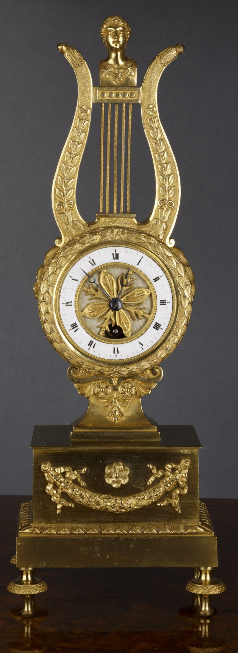 Mid-19th Century French Ormolu Lyre Mantel Clock For Sale