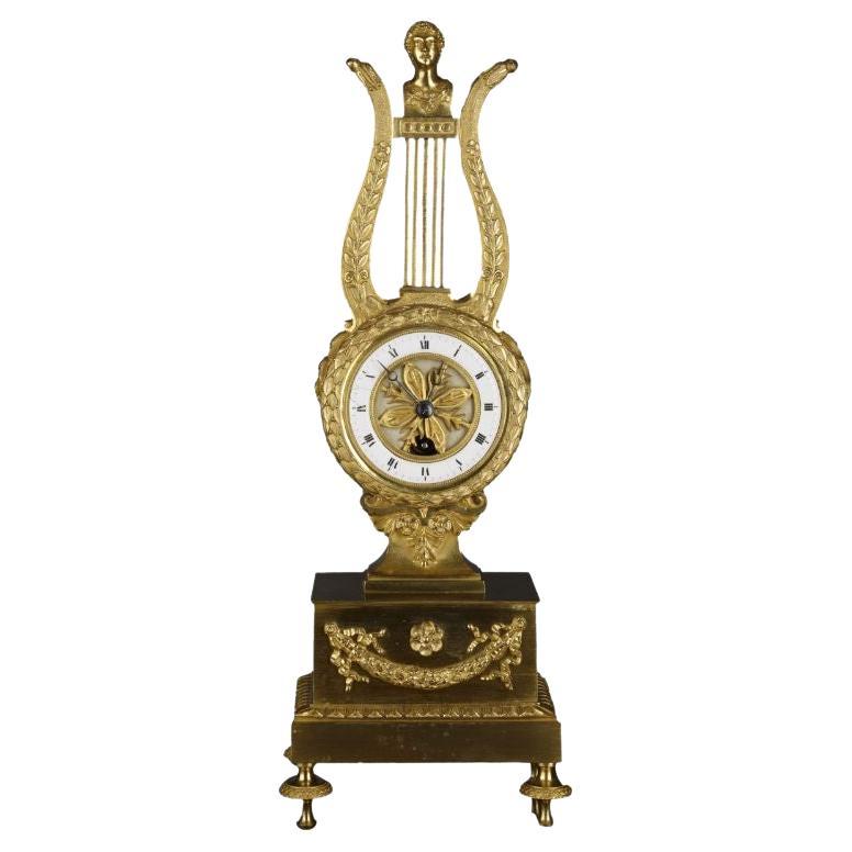 French Ormolu Lyre Mantel Clock For Sale