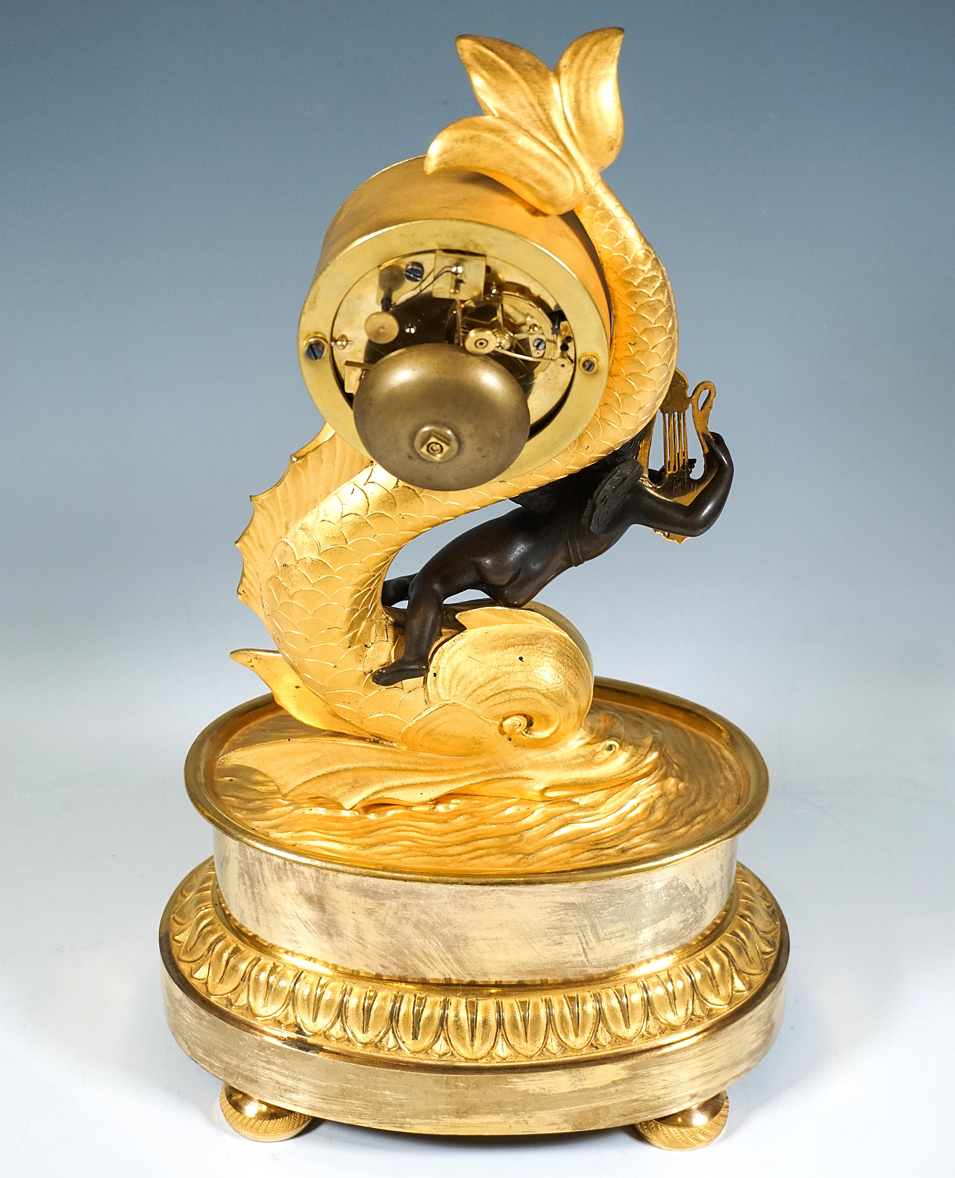 Charles X French Ormolu Mantle Clock, Pendule 'Au Dauphin', Paris, Around 1800/1830 For Sale