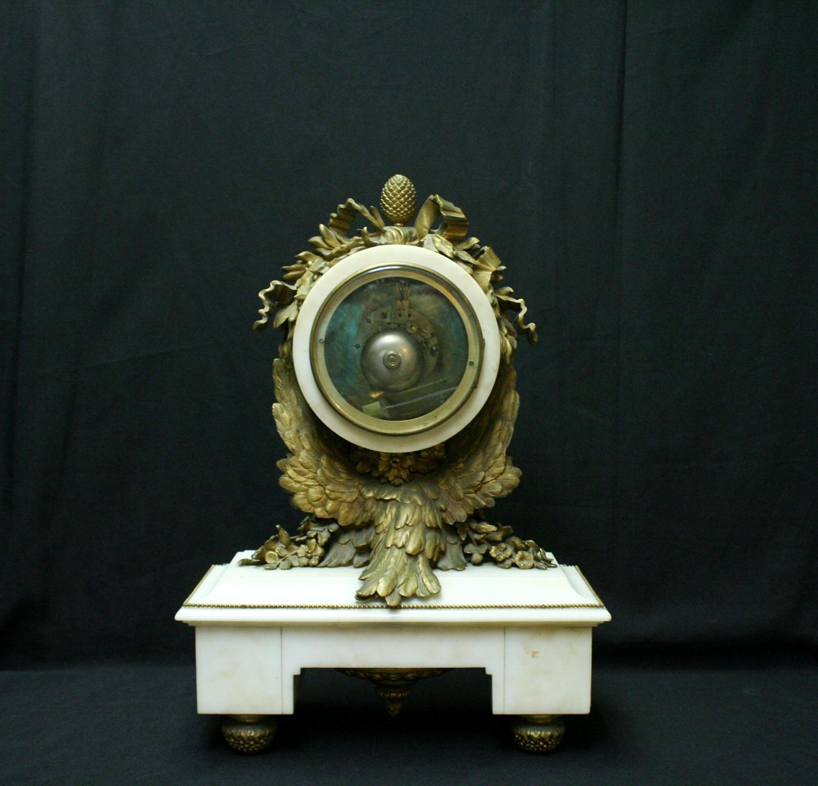 Carved French Ormolu Marble Mantel Clock, 19th Century For Sale