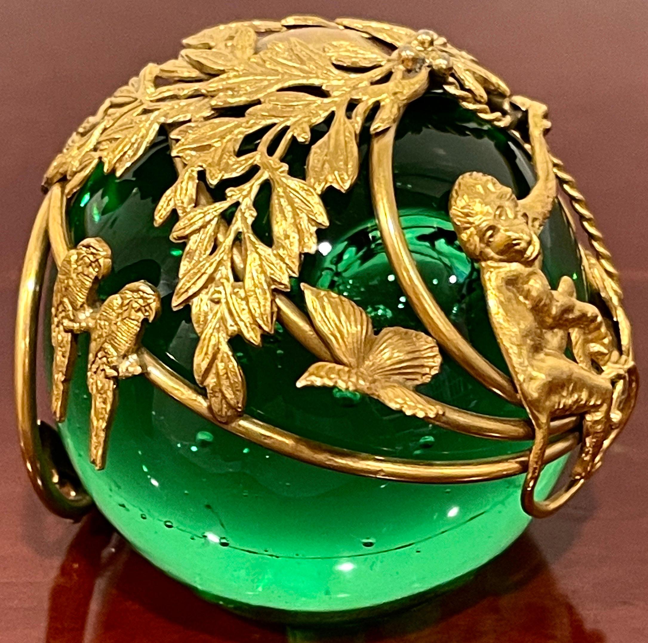French Ormolu Monkey Motif Green Crystal Controlled Bubble Paperweight For Sale 5