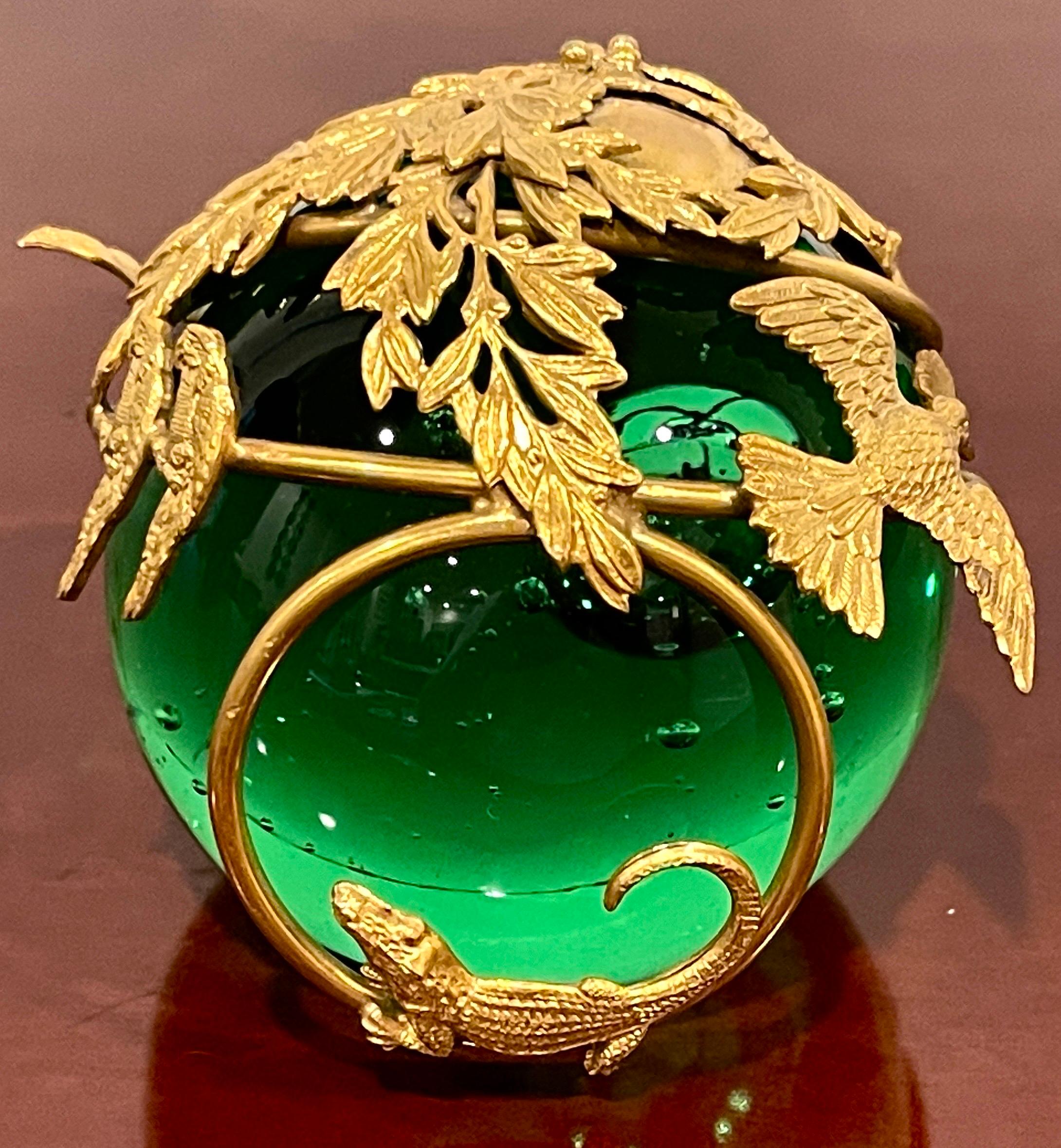 French Ormolu Monkey Motif Green Crystal Controlled Bubble Paperweight For Sale 6