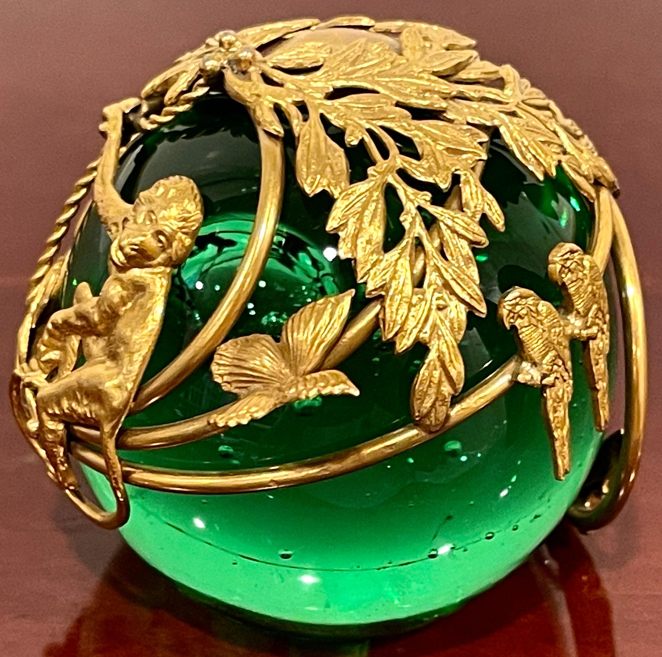 French Ormolu Monkey Motif Green Crystal Controlled Bubble Paperweight For Sale 7