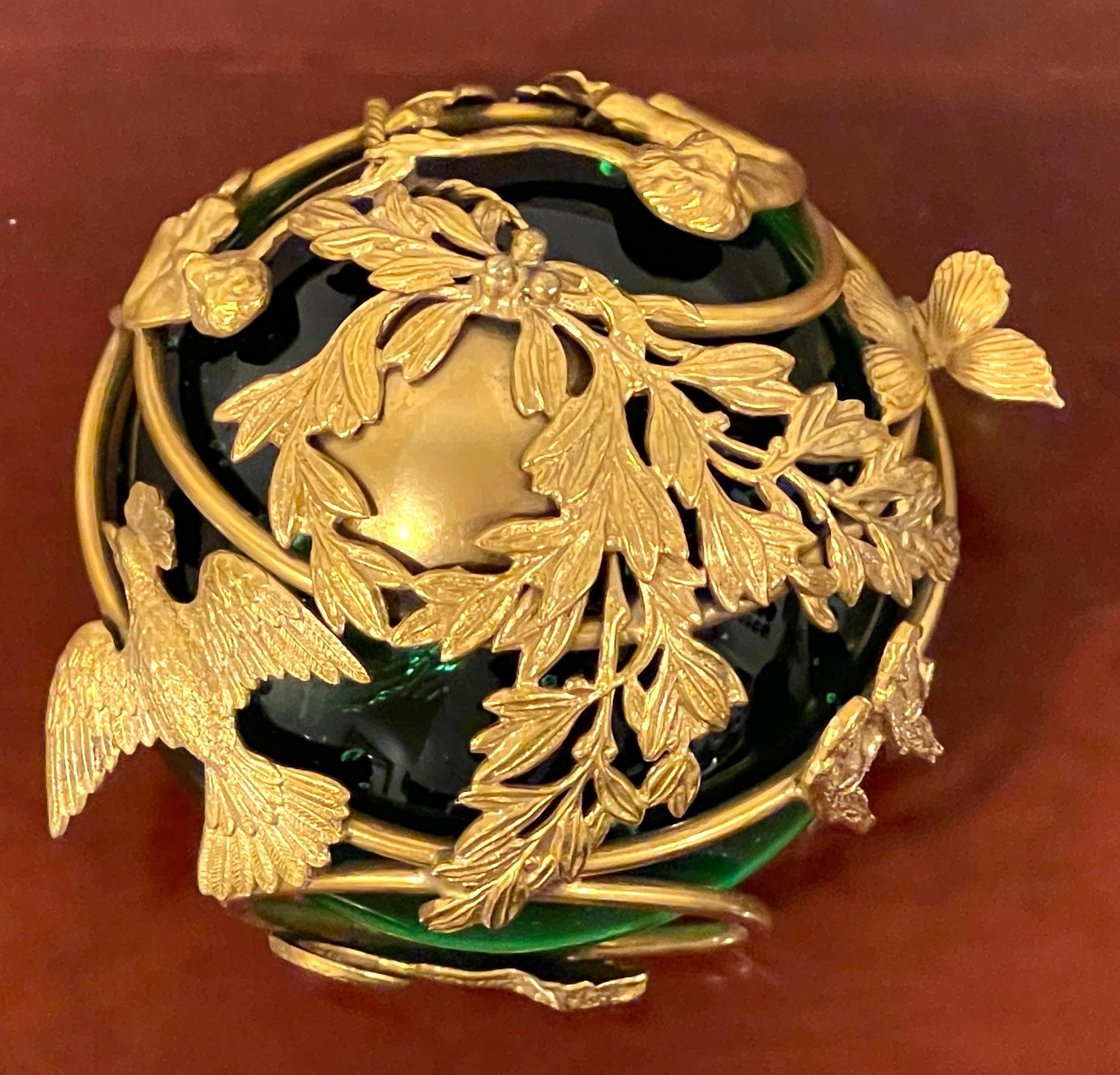 French Ormolu Monkey Motif Green Crystal Controlled Bubble Paperweight For Sale 8