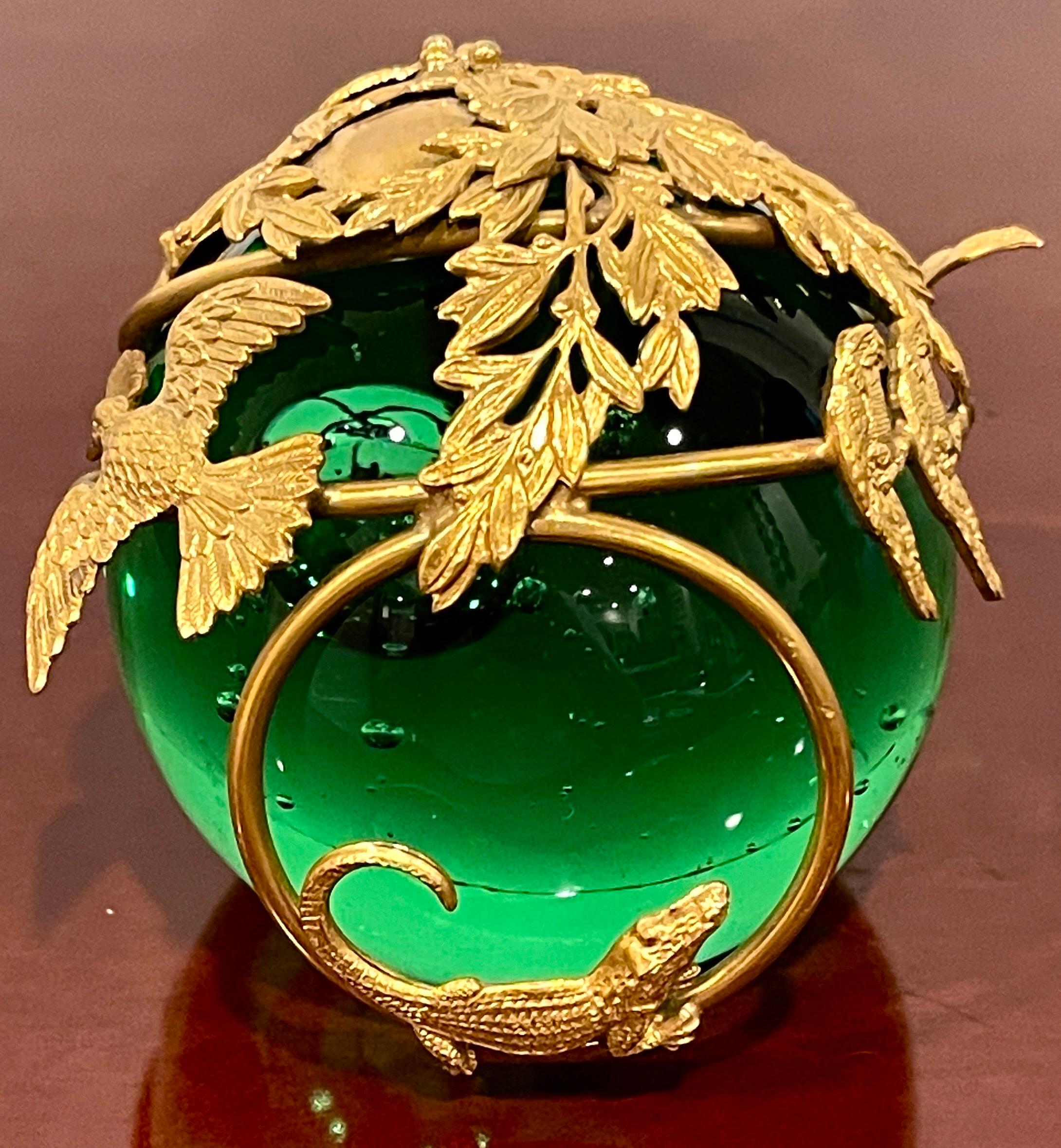French Ormolu Monkey Motif Green Crystal Controlled Bubble Paperweight For Sale 9