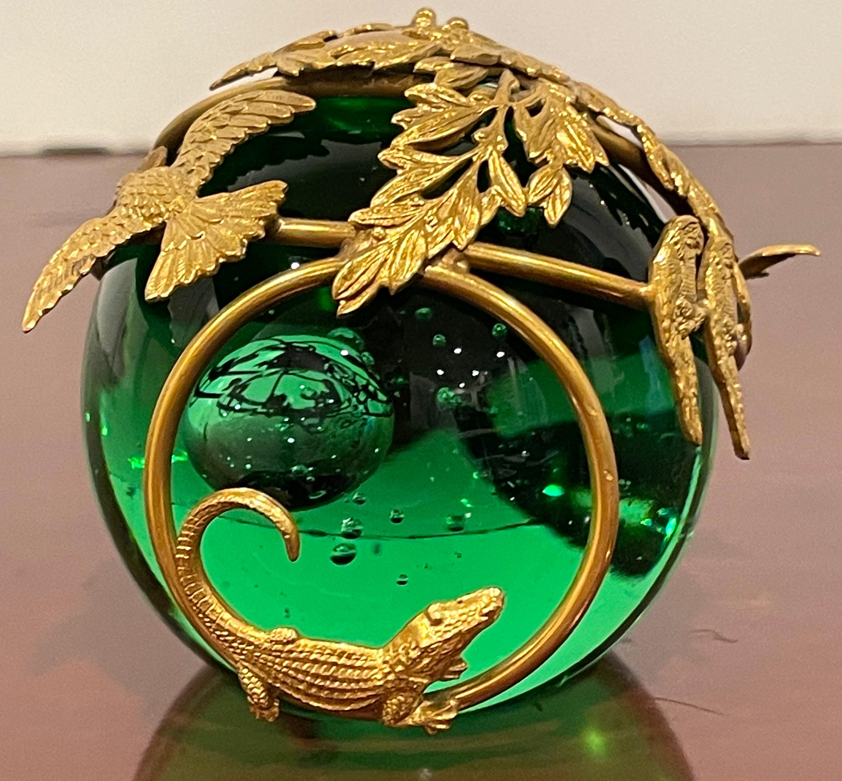 French Ormolu Monkey Motif Green Crystal Controlled Bubble Paperweight For Sale 10