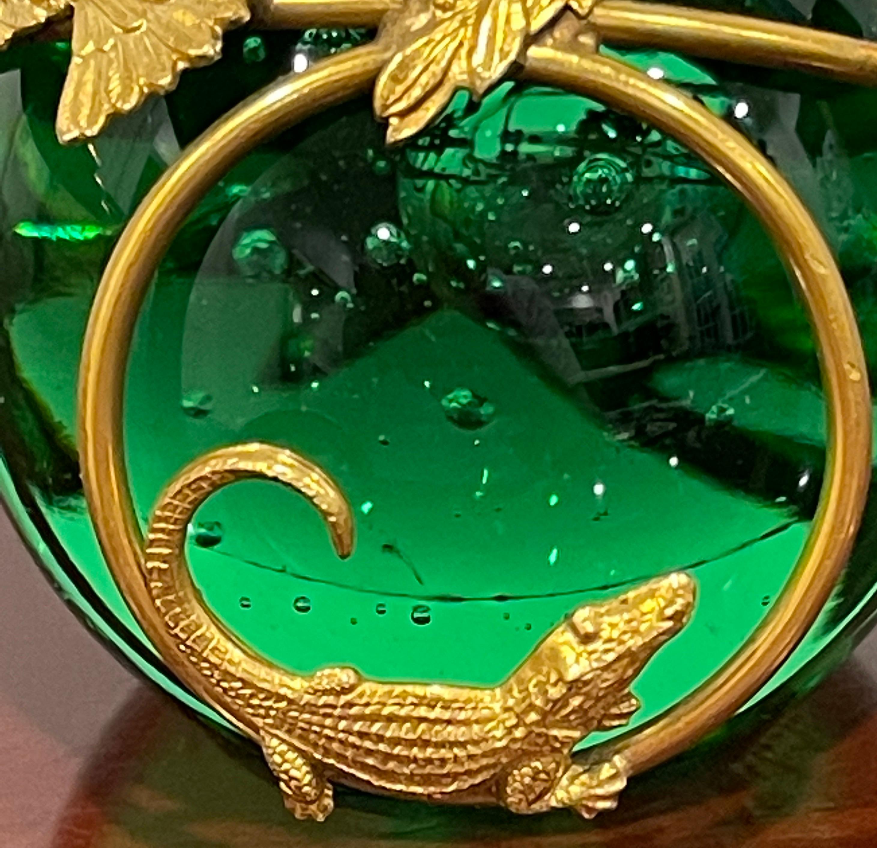 French Ormolu Monkey Motif Green Crystal Controlled Bubble Paperweight For Sale 11