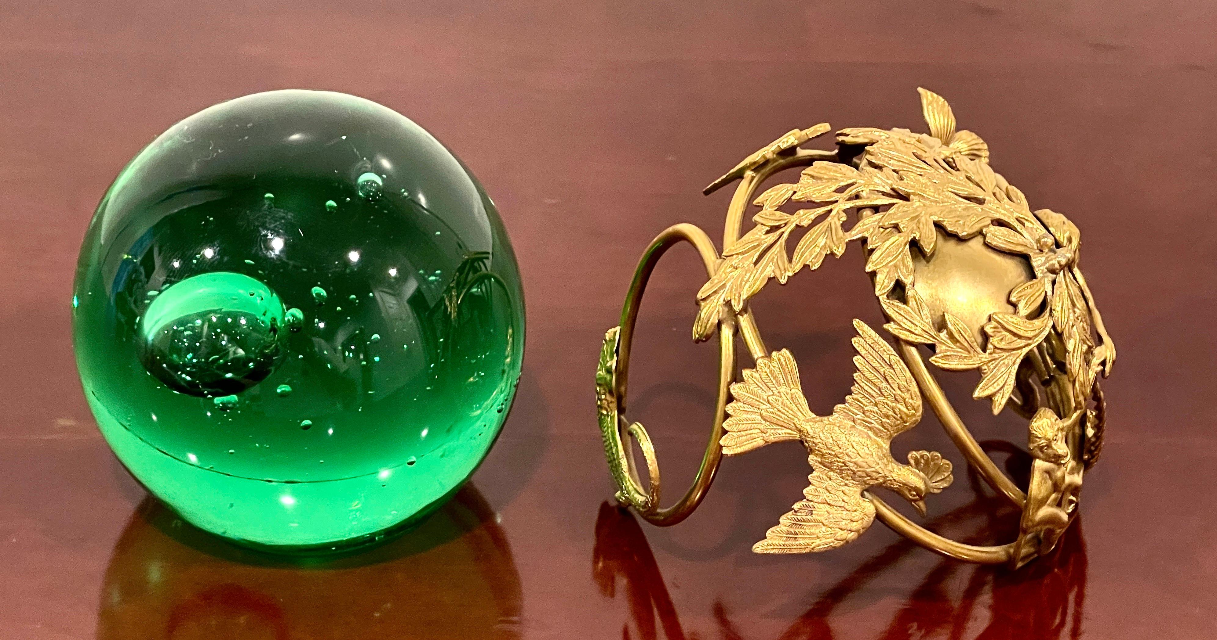 French Ormolu Monkey Motif Green Crystal Controlled Bubble Paperweight For Sale 12