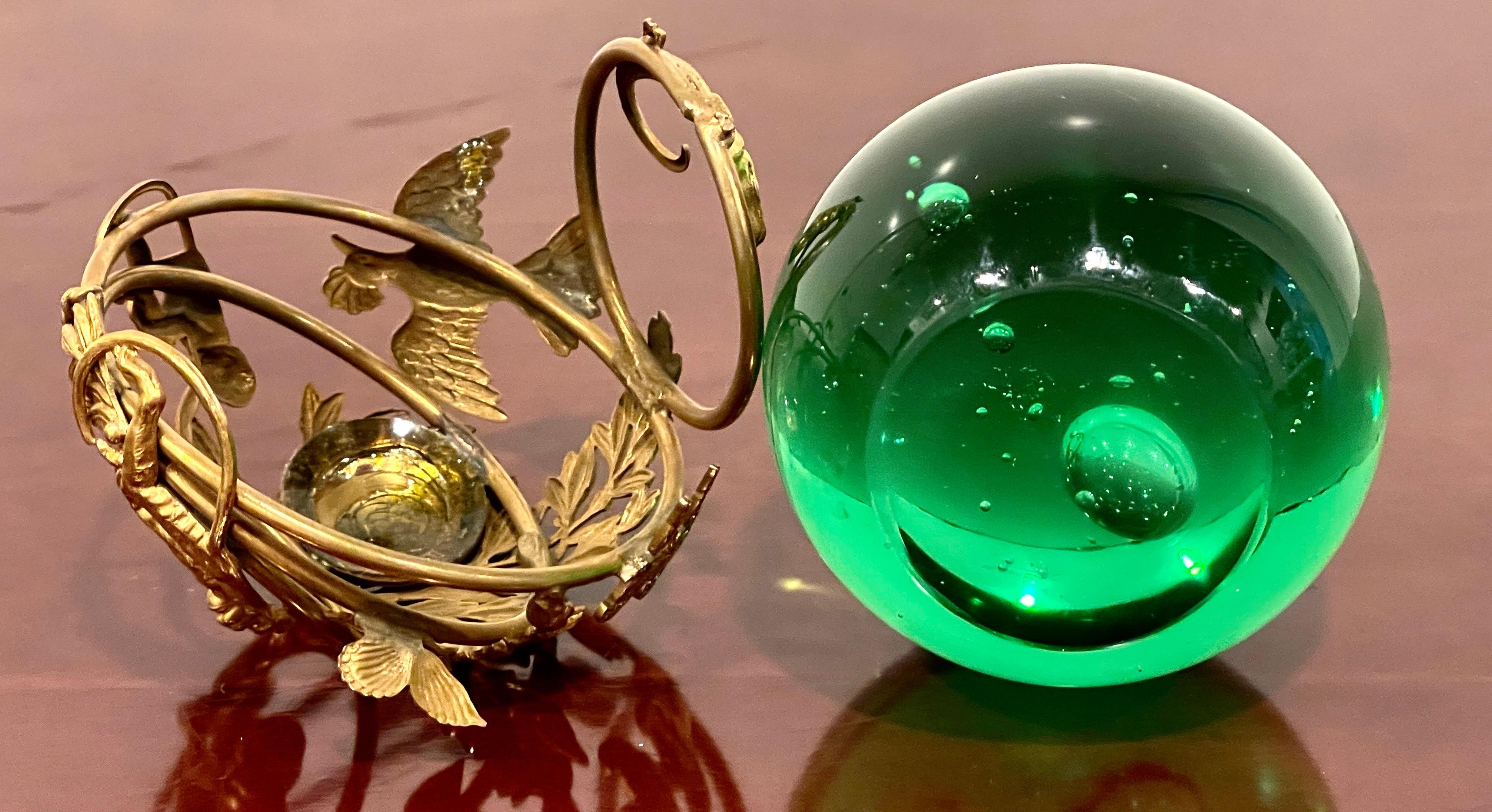 French Ormolu Monkey Motif Green Crystal Controlled Bubble Paperweight For Sale 13