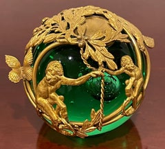 French Ormolu Monkey Motif Green Crystal Controlled Bubble Paperweight