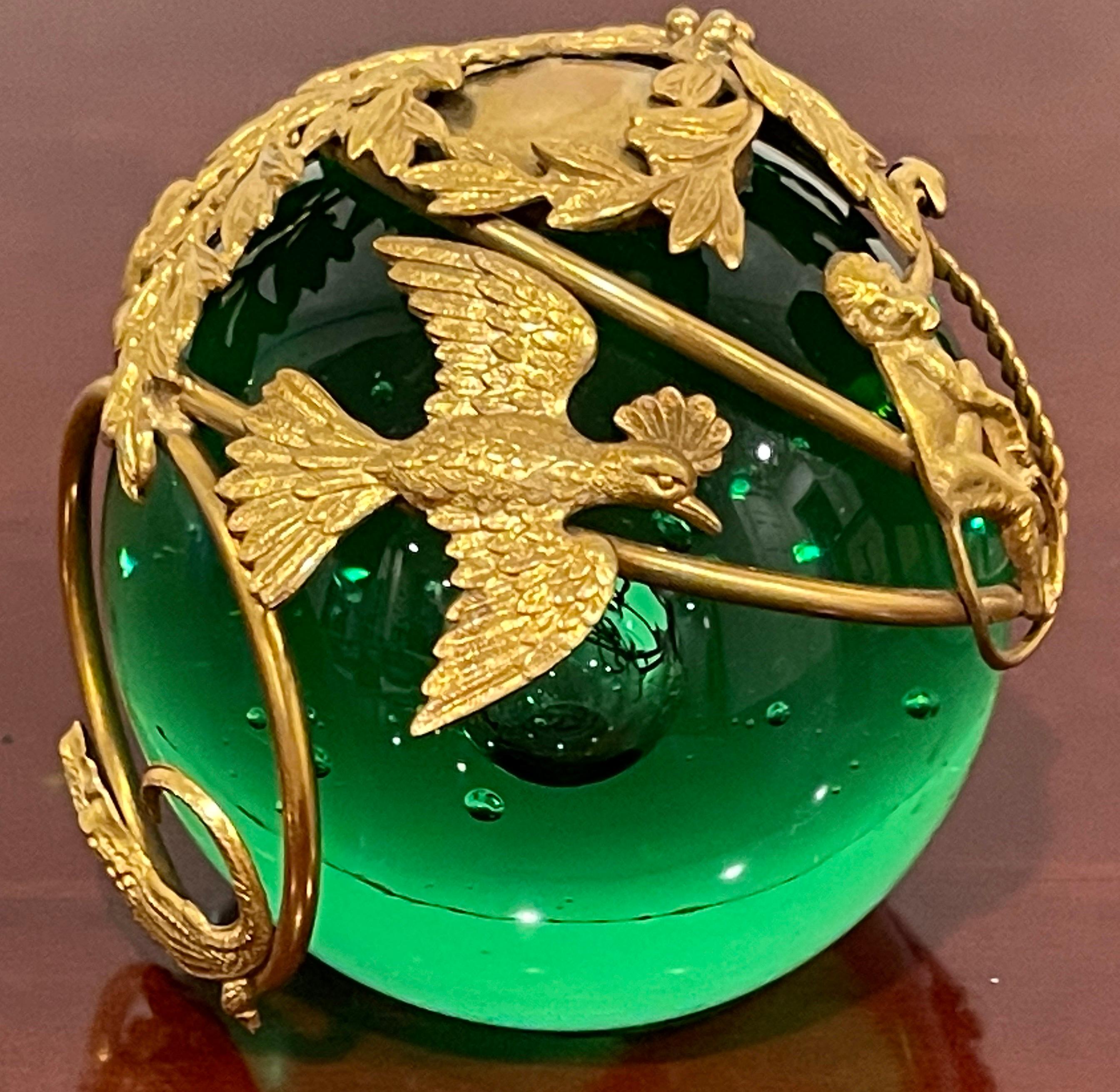 20th Century French Ormolu Monkey Motif Green Crystal Controlled Bubble Paperweight For Sale