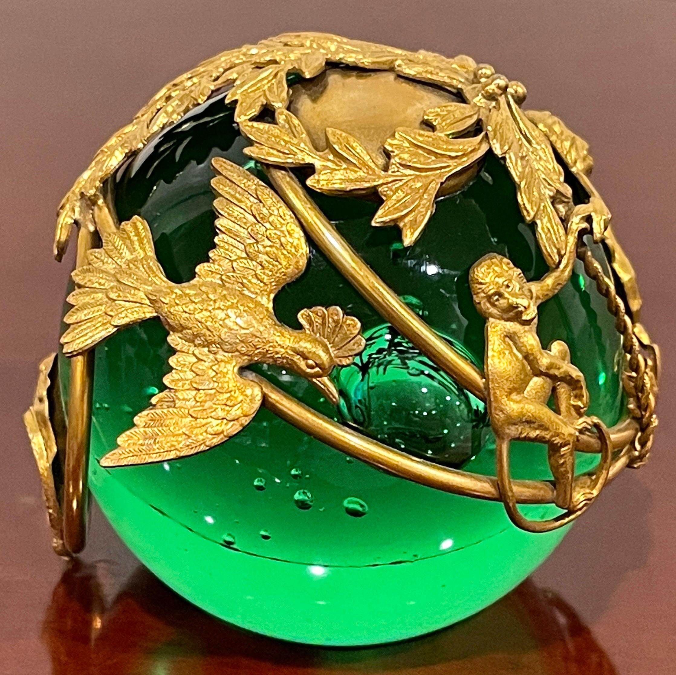 French Ormolu Monkey Motif Green Crystal Controlled Bubble Paperweight For Sale 1