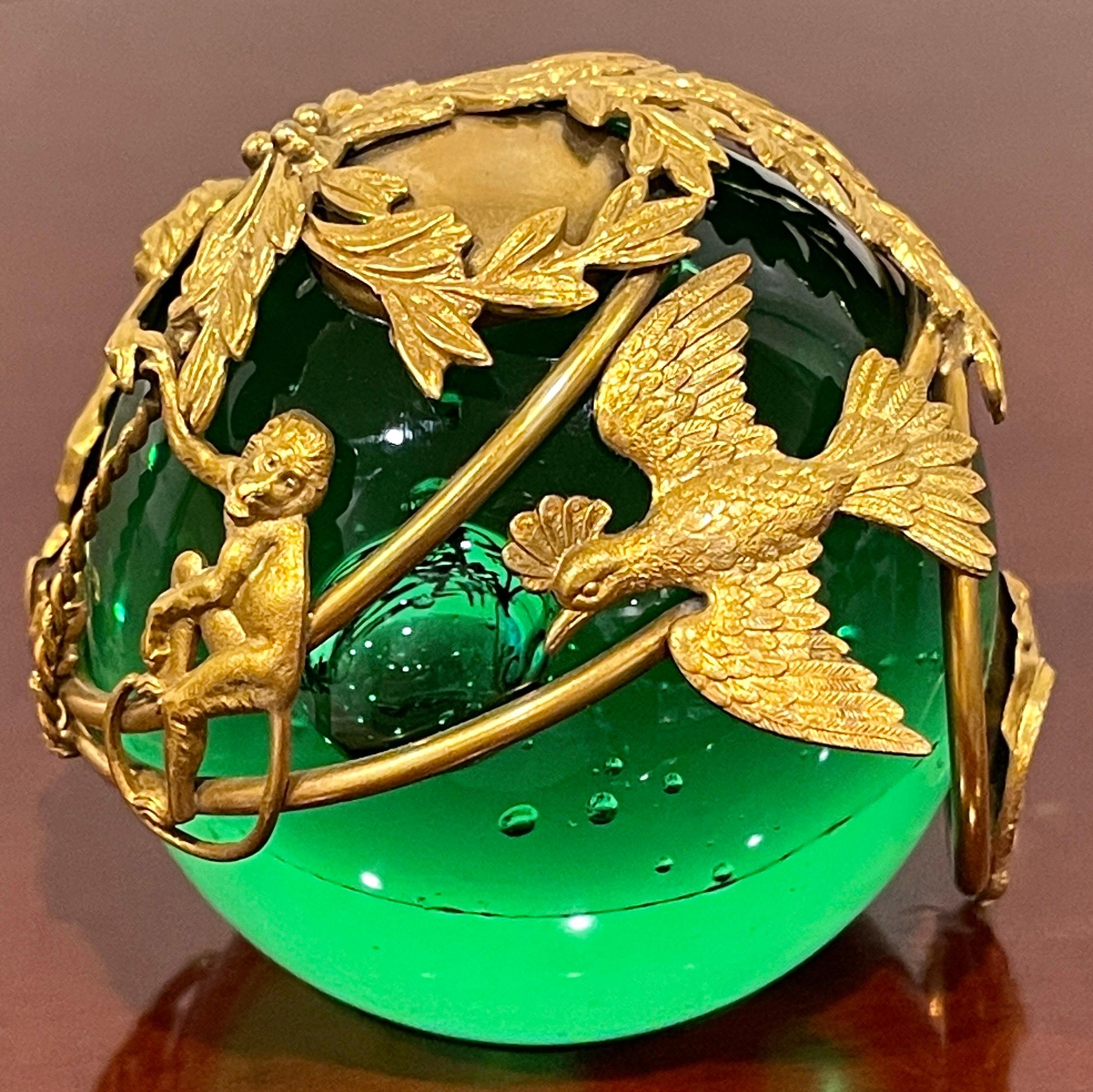 French Ormolu Monkey Motif Green Crystal Controlled Bubble Paperweight For Sale 2