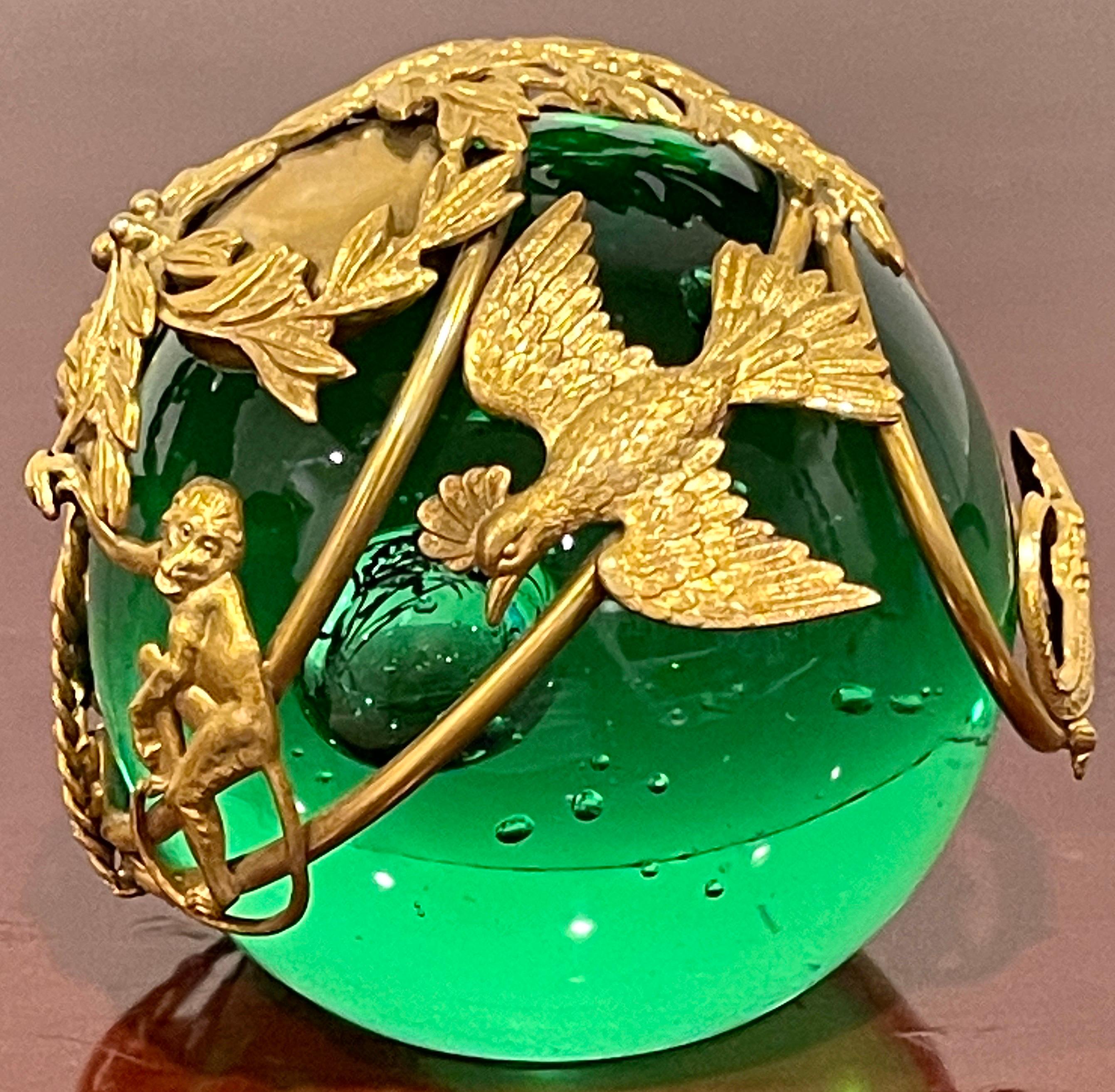 French Ormolu Monkey Motif Green Crystal Controlled Bubble Paperweight For Sale 3