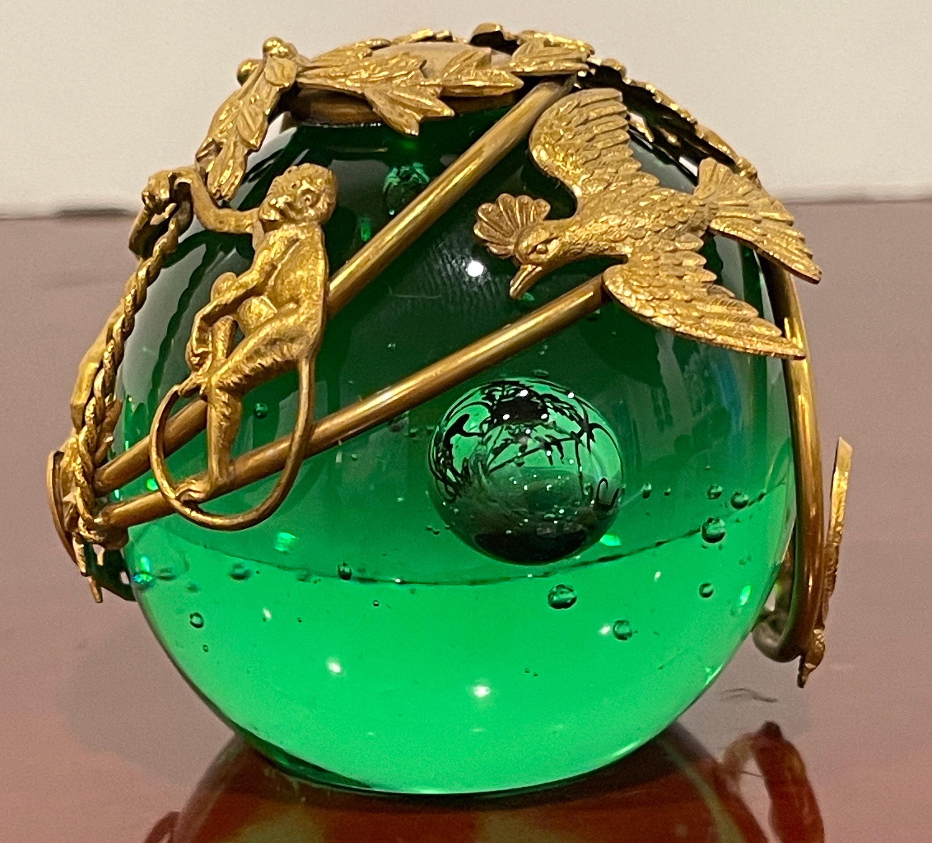French Ormolu Monkey Motif Green Crystal Controlled Bubble Paperweight For Sale 4