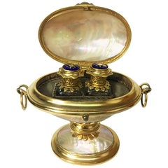 Antique French Ormolu Mother of Pearl Egg Shaped Enamel Perfume Bottles in Box