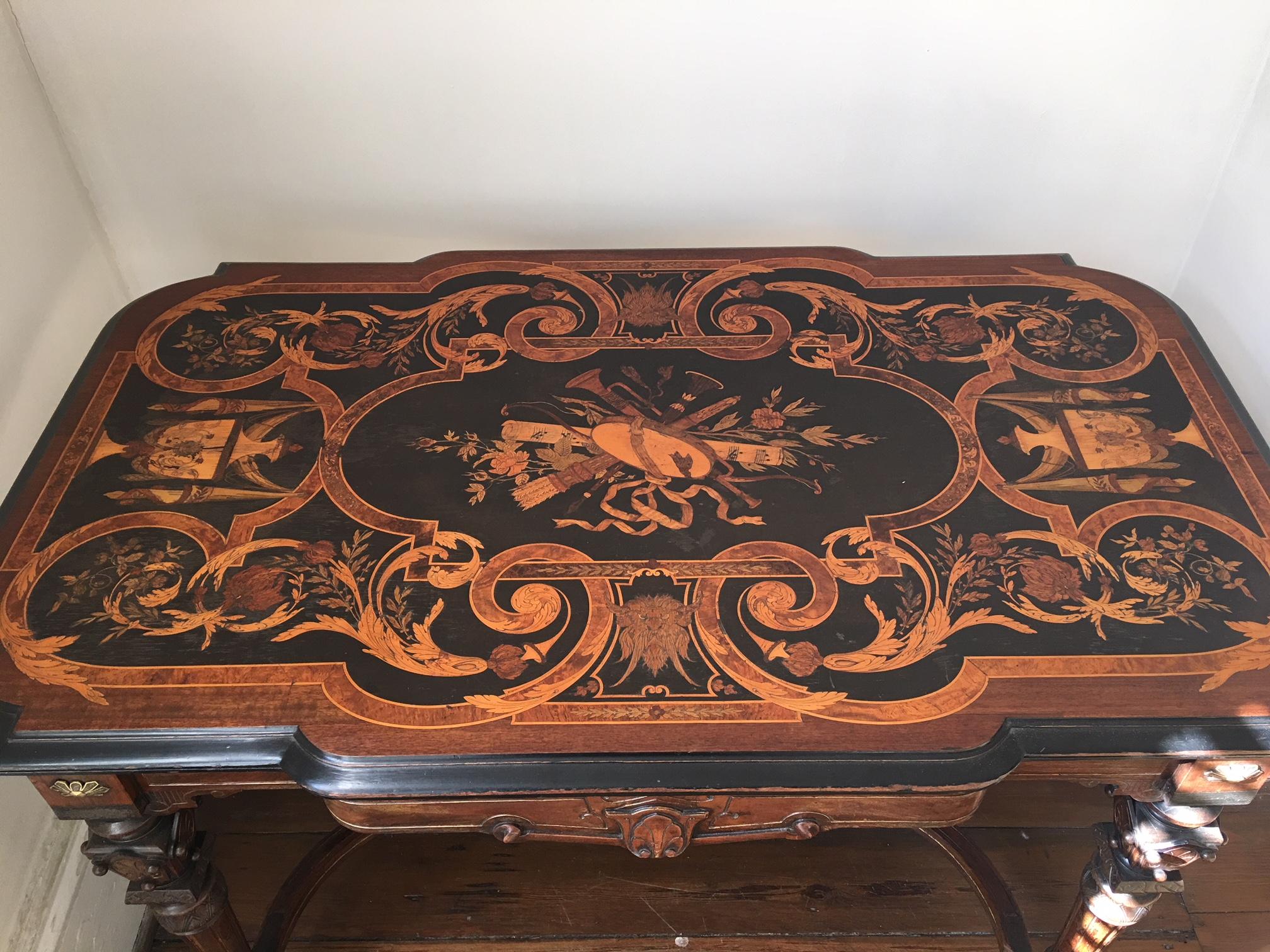 French Ormolu Mount Marquetry Bureau Plat or Desk, 19th Century In Good Condition In Savannah, GA