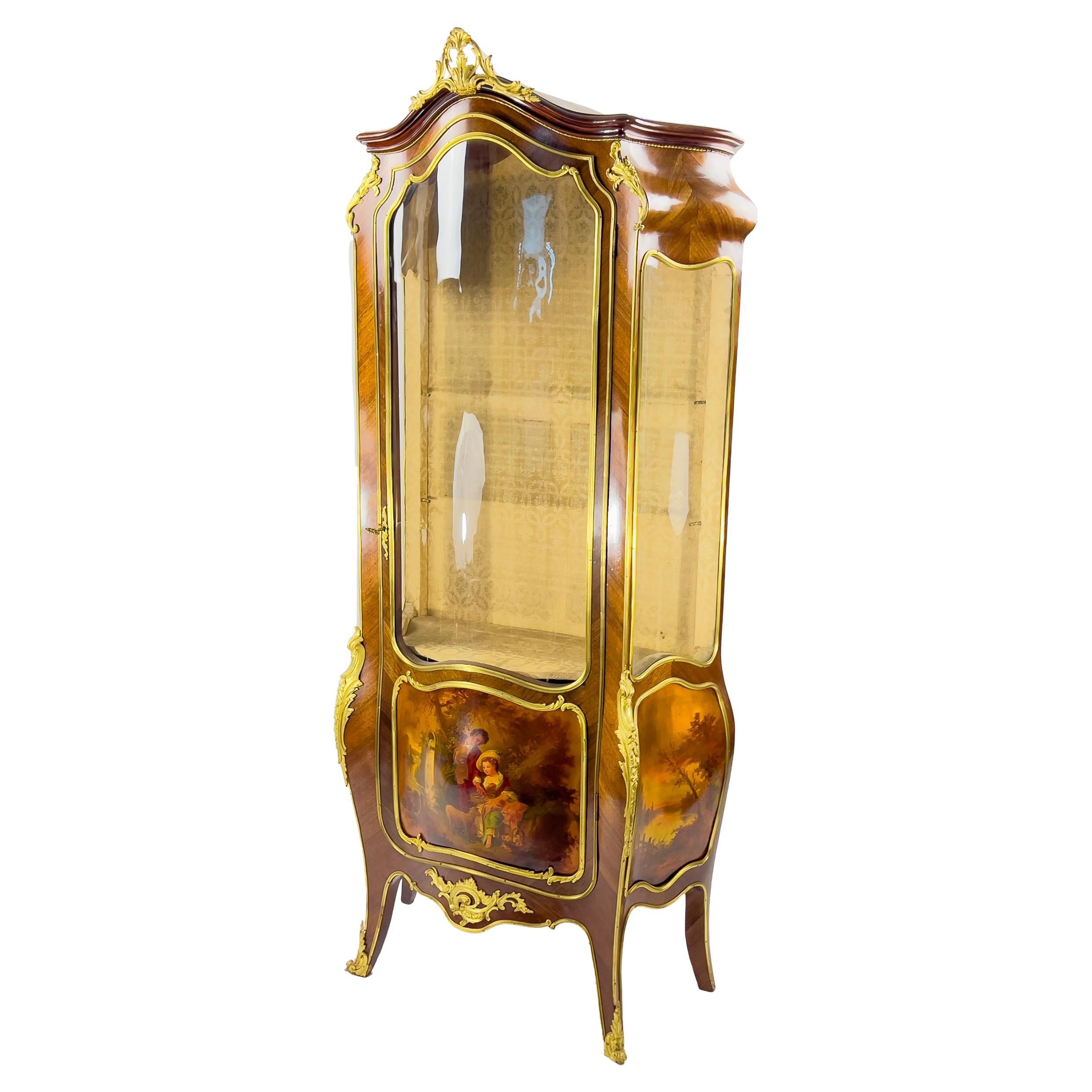 French, Ormolu Mounted and Painted Panel Vitrine Display Cabinet For Sale