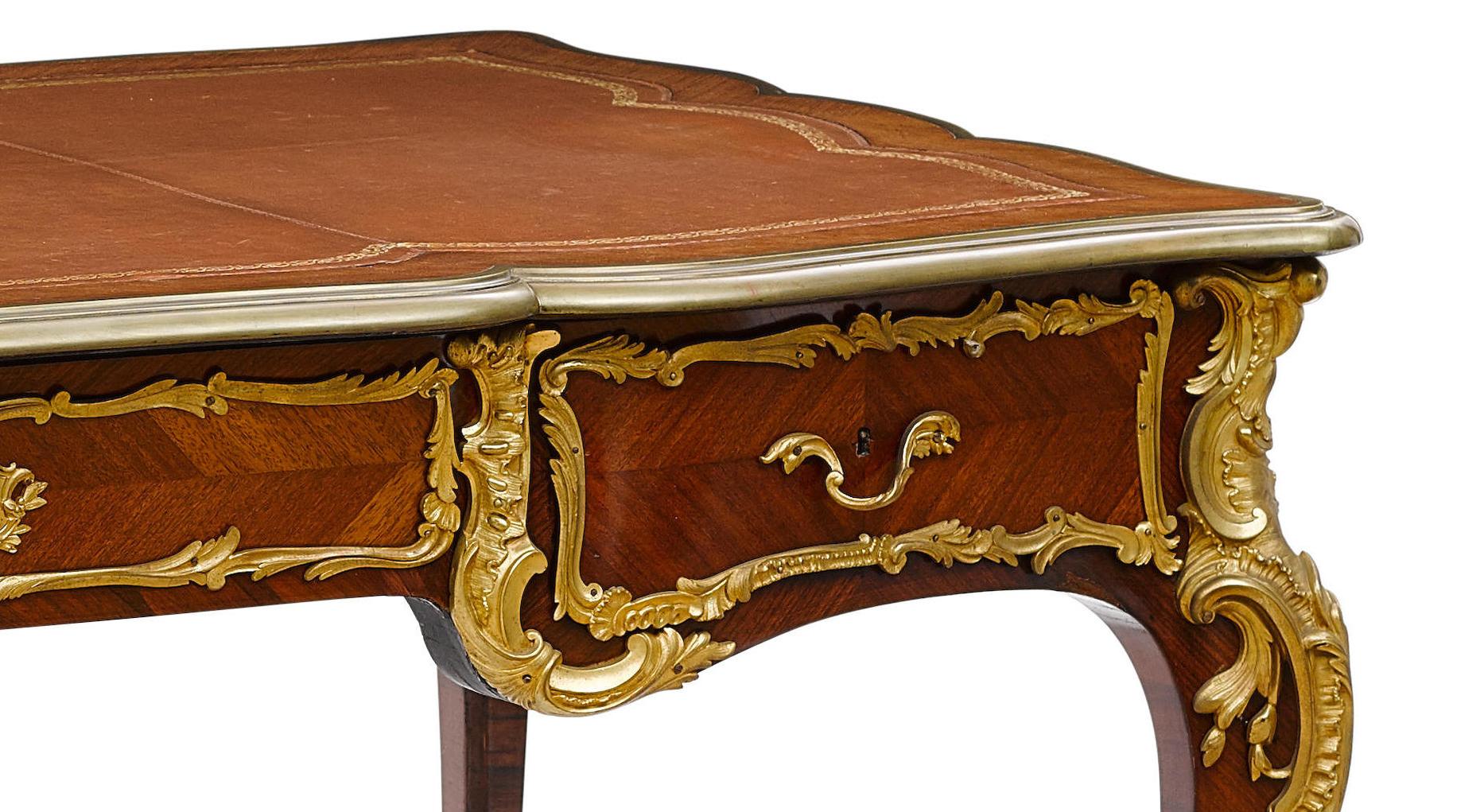 Leather French Ormolu Mounted Bureau Plat Partner's Desk, 19th Century