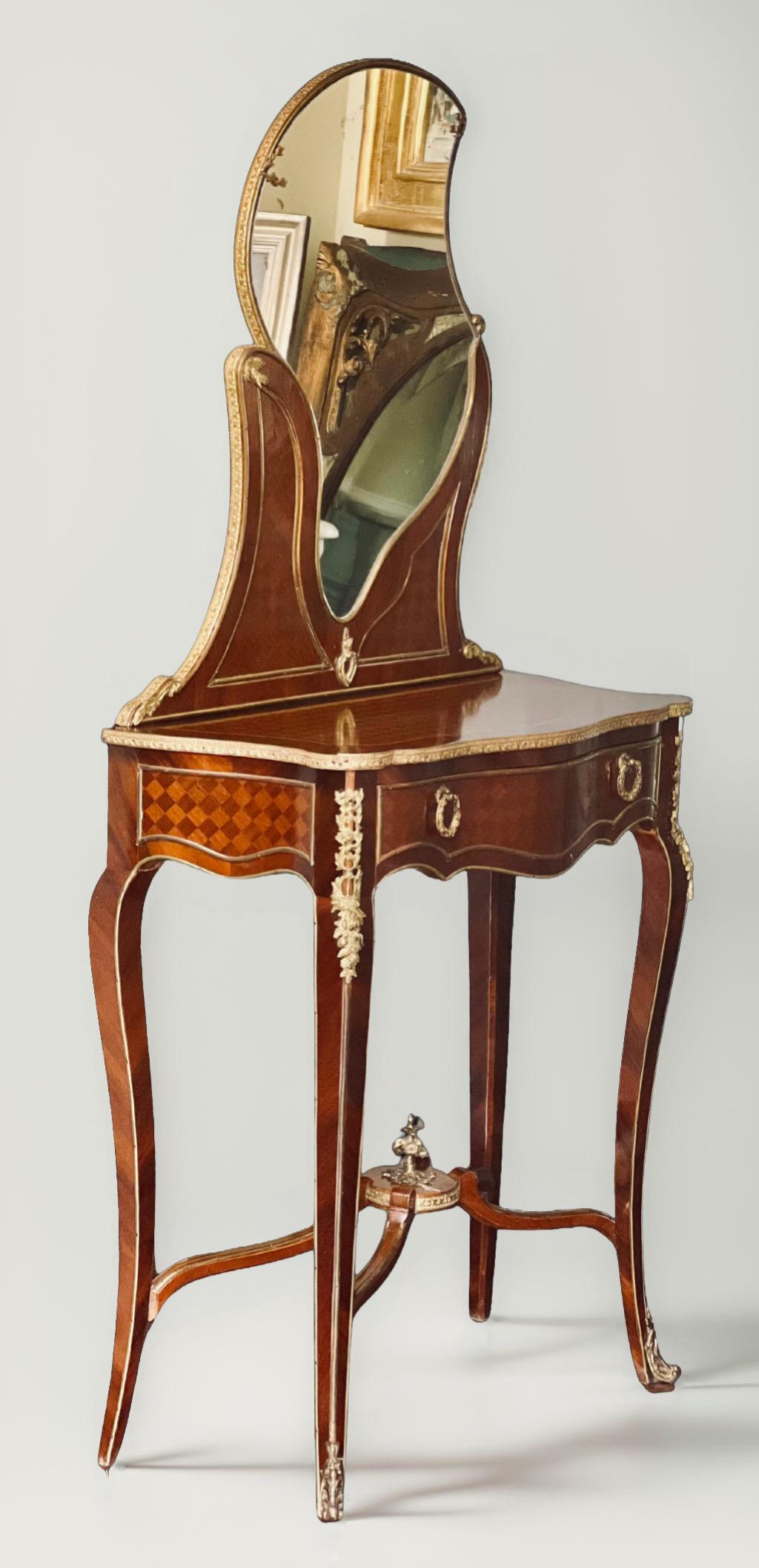 Louis XV French Ormolu-Mounted Kingwood and Parquetry Vanity Dressing Table For Sale