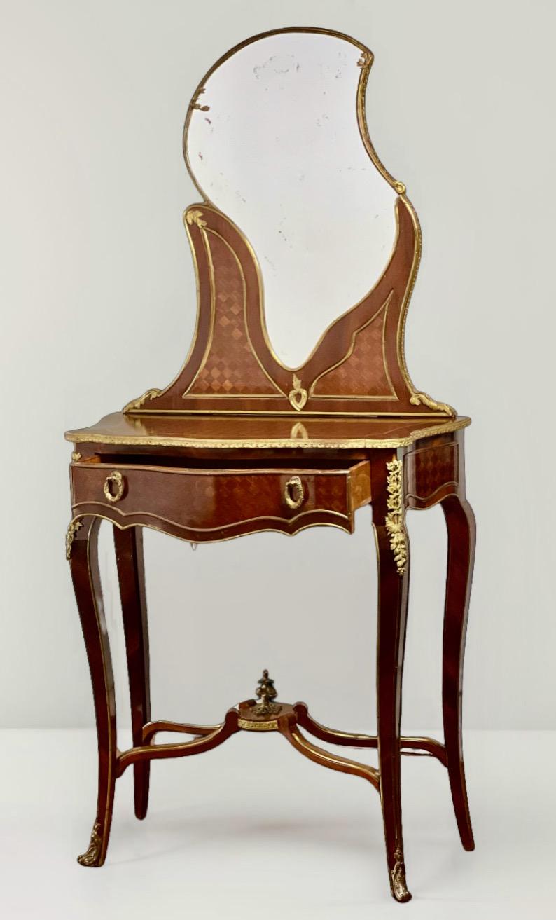 19th Century French Ormolu-Mounted Kingwood and Parquetry Vanity Dressing Table For Sale