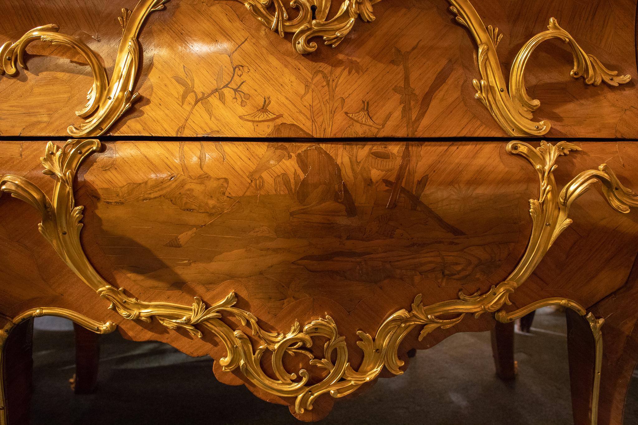 Bronze French Ormolu-Mounted Louis XV Style Chinoiserie Motif Marble-Top Commode