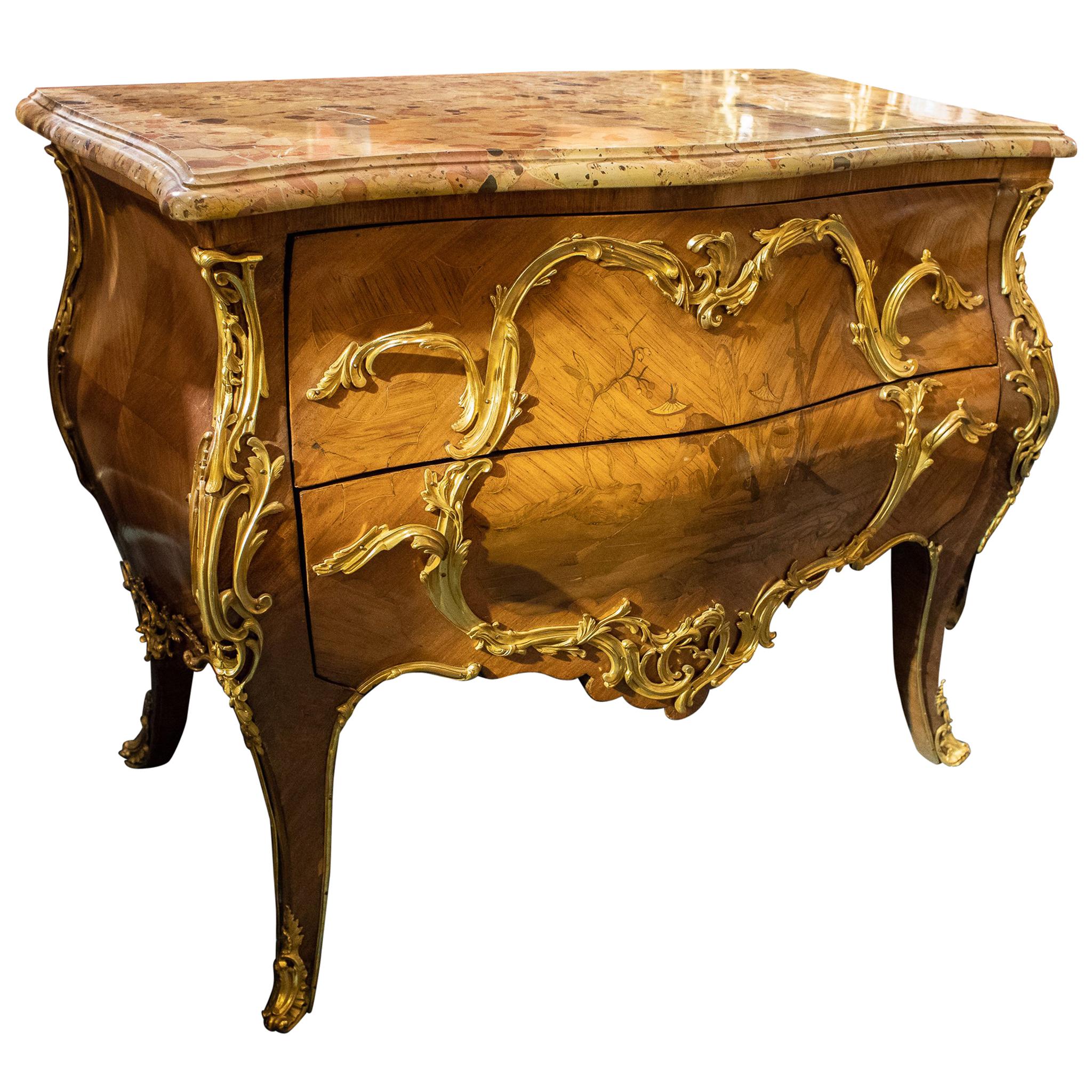 French Ormolu-Mounted Louis XV Style Chinoiserie Motif Marble-Top Commode