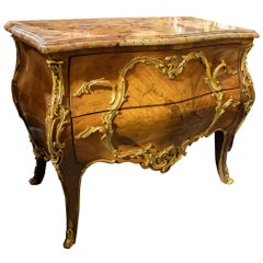 Antique French Ormolu-Mounted Louis XV Style Chinoiserie Motif Marble-Top Commode
