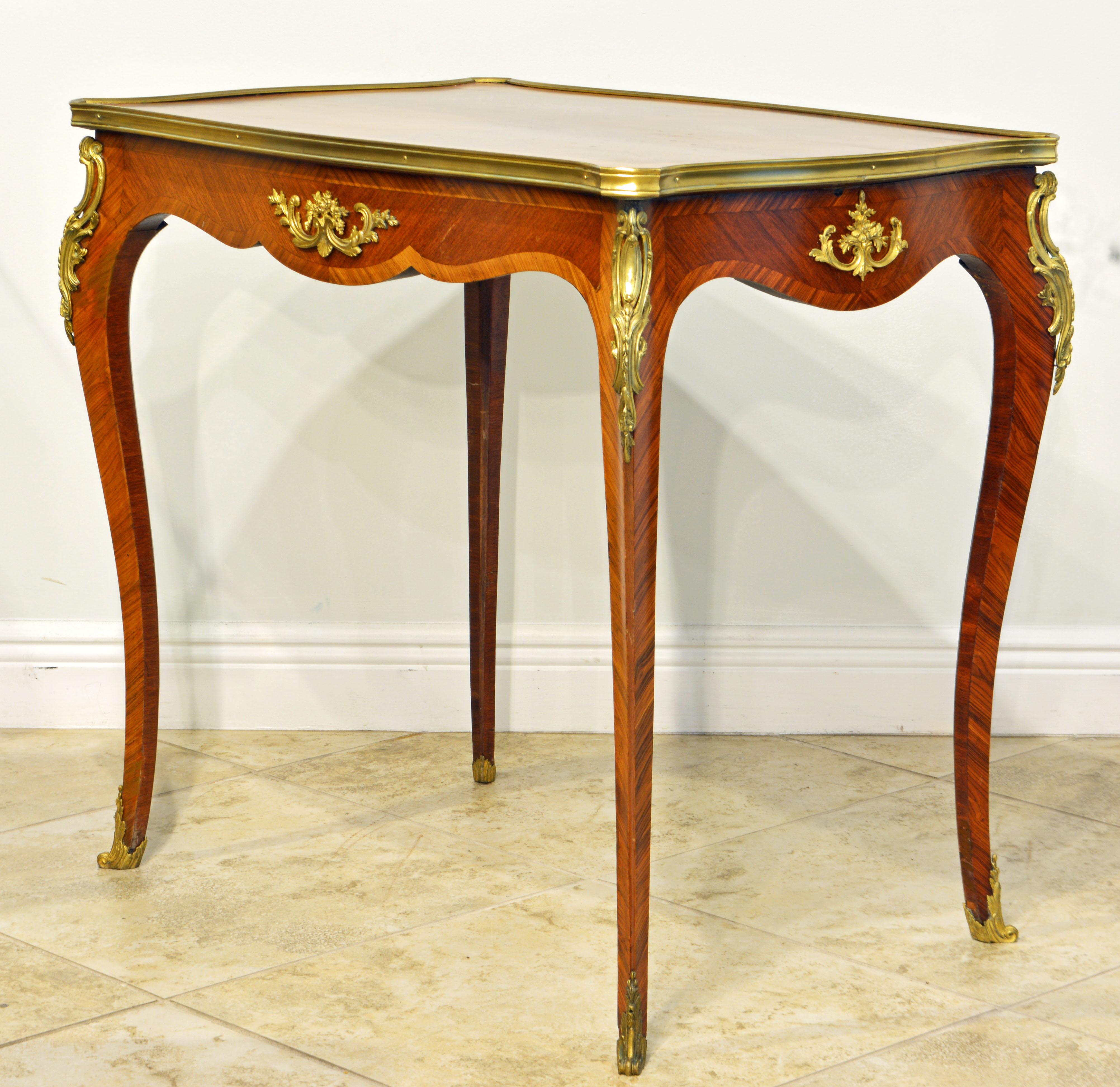 Gilt French Ormolu Mounted Louis XV Style Parquetry Table with Concealed Drawer