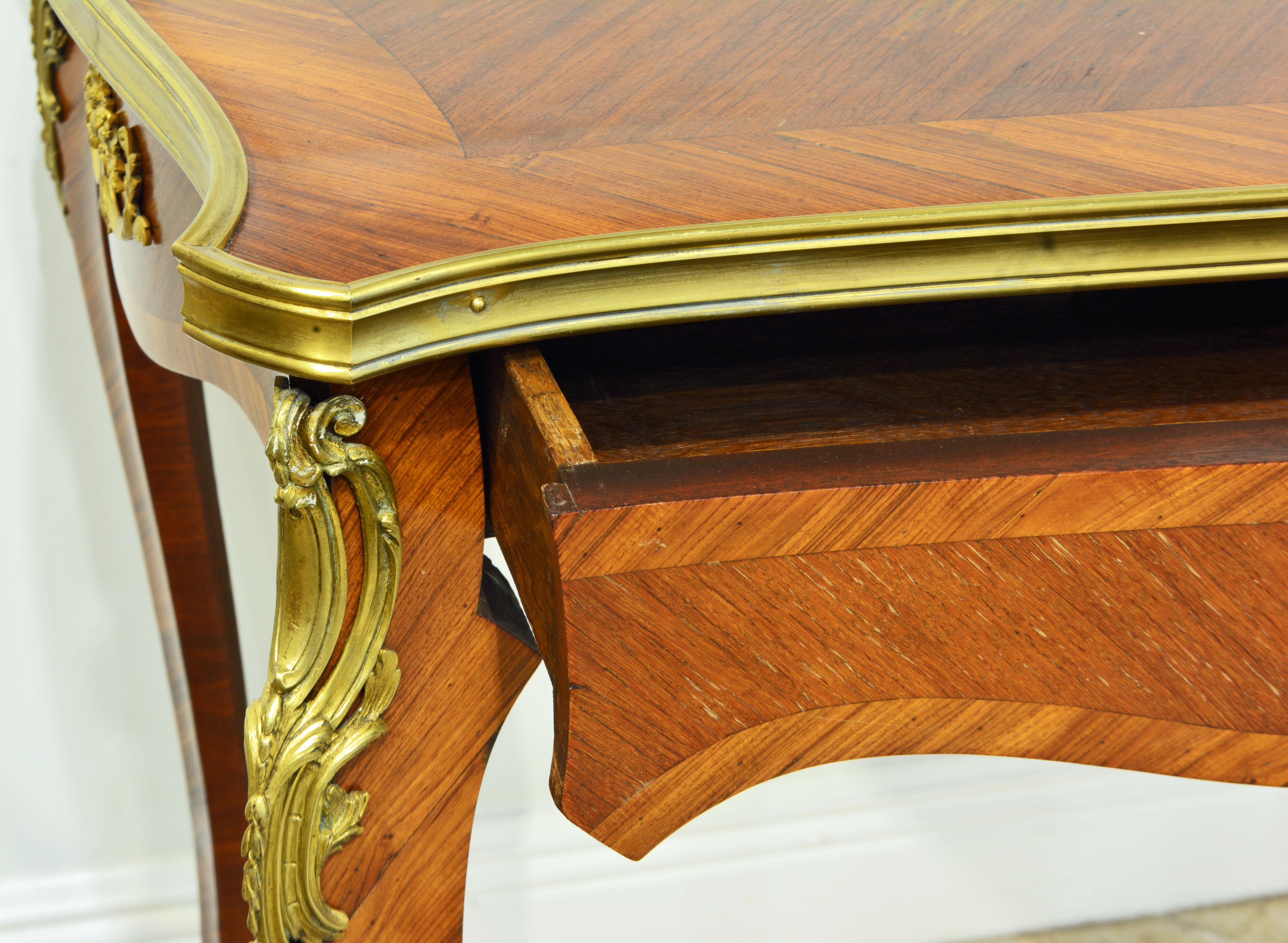 Wood French Ormolu Mounted Louis XV Style Parquetry Table with Concealed Drawer