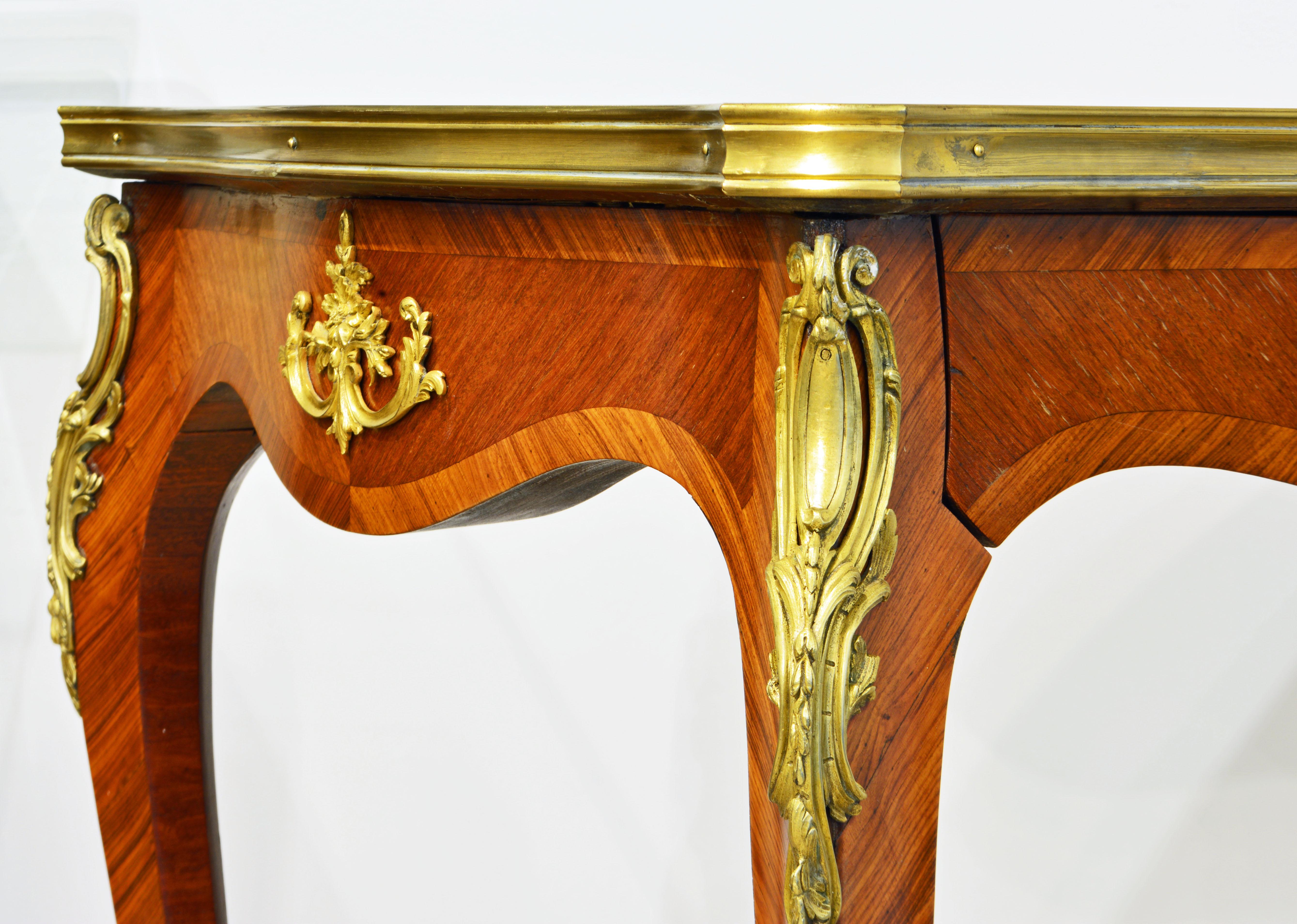 French Ormolu Mounted Louis XV Style Parquetry Table with Concealed Drawer 2