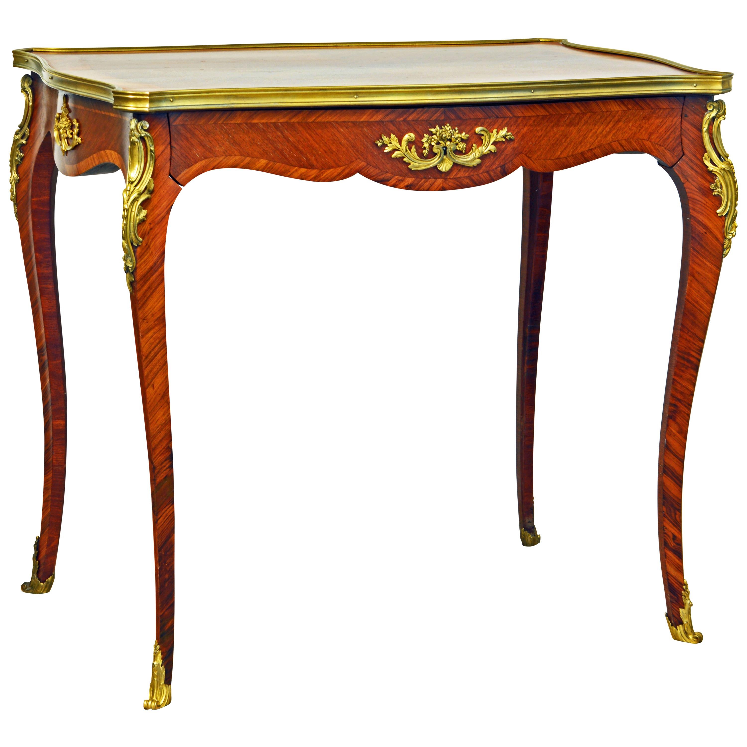 French Ormolu Mounted Louis XV Style Parquetry Table with Concealed Drawer