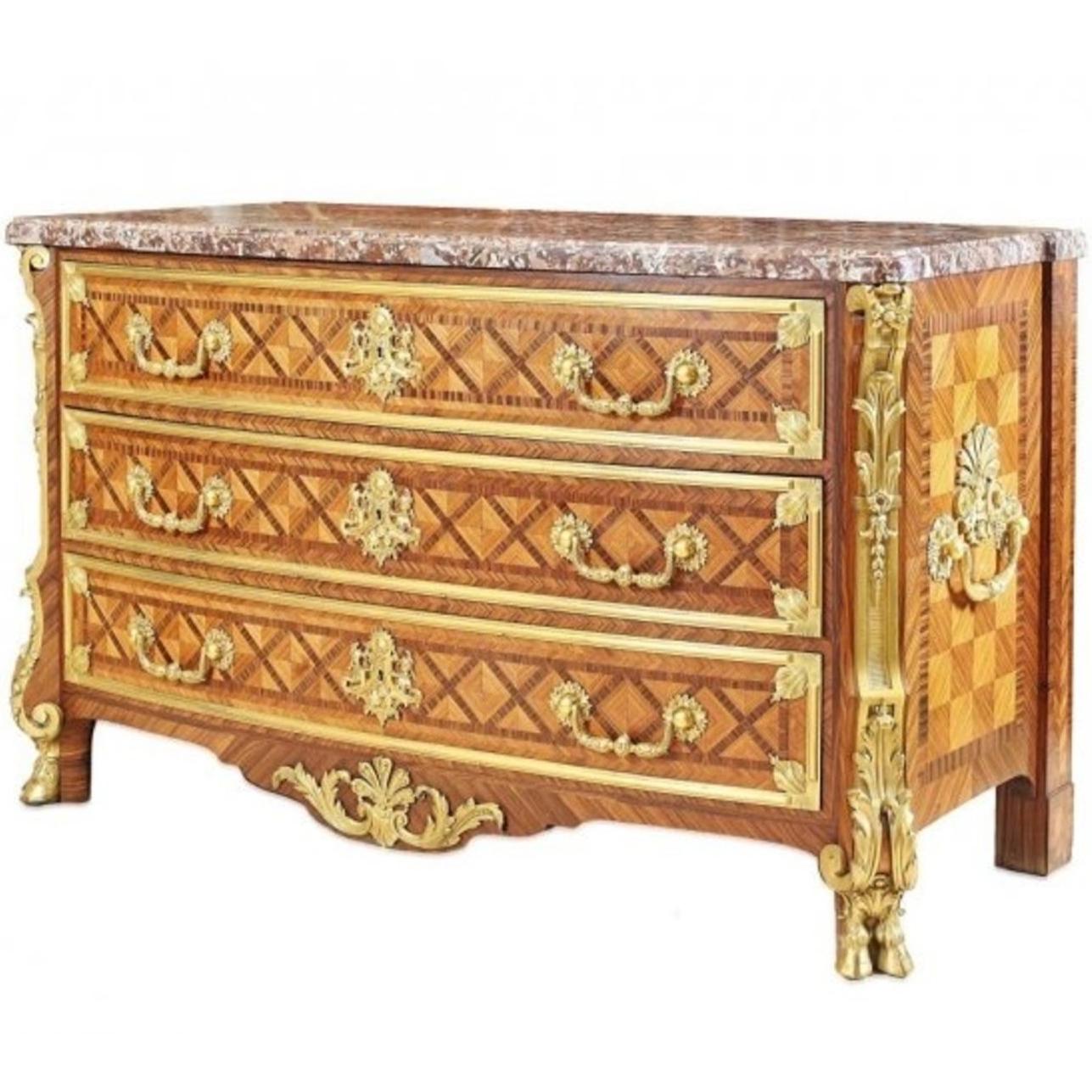 French Ormolu-Mounted Mahogany and Tulipwood Parquetry Commode by Paul Sormani For Sale