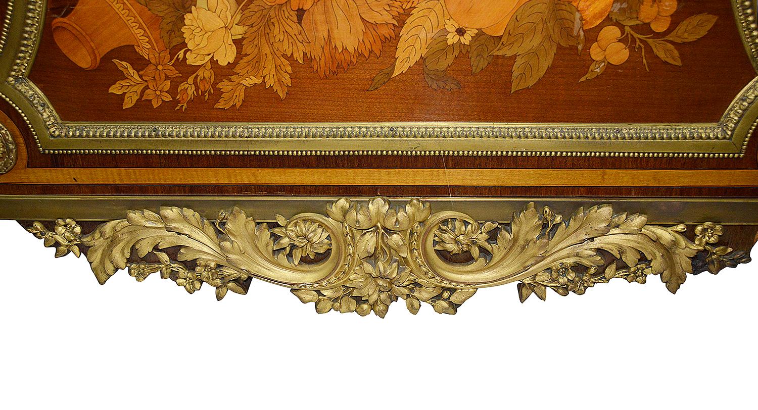 Veneer French Ormolu Mounted Mahogany Parquetry Commode, After Riesener For Sale