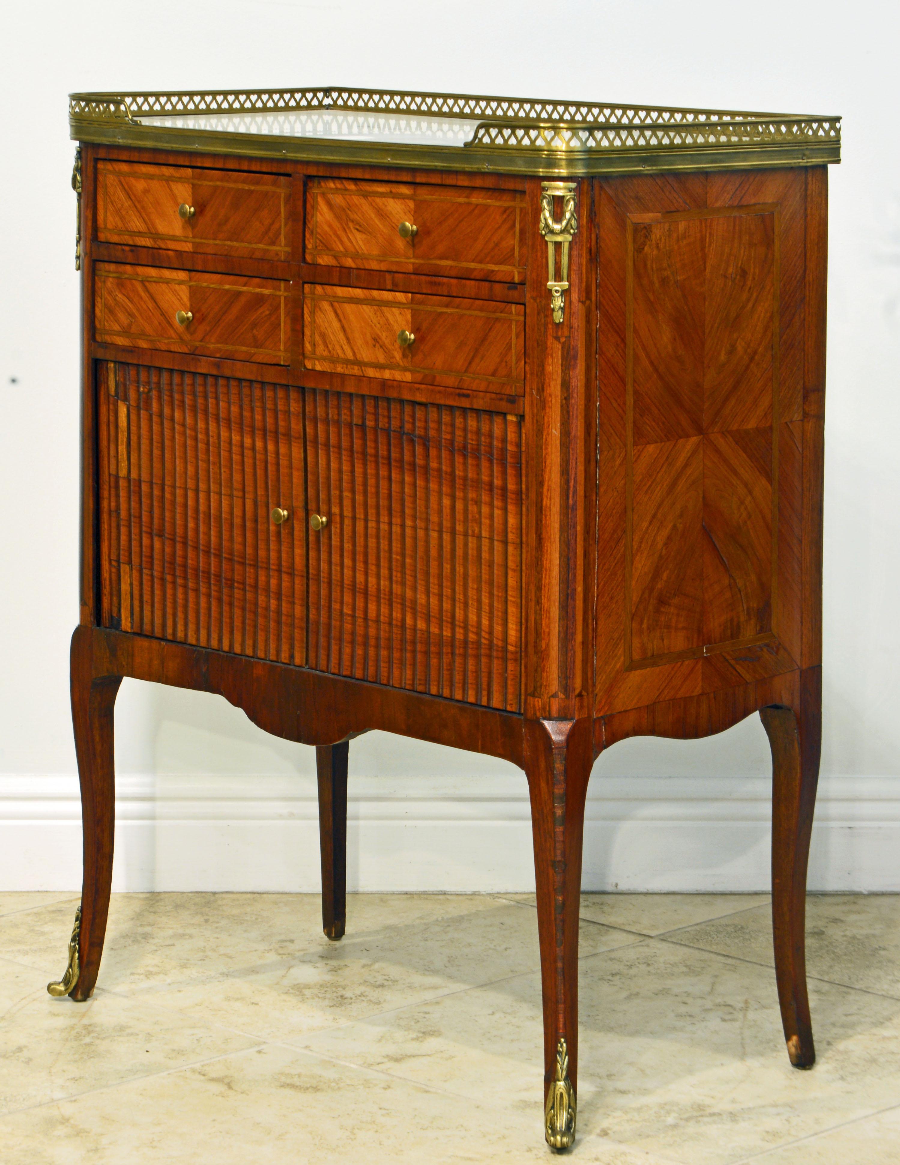 Louis XV French Ormolu Mounted Parquetry Marble-Top Four-Drawer Tambour Door Commode