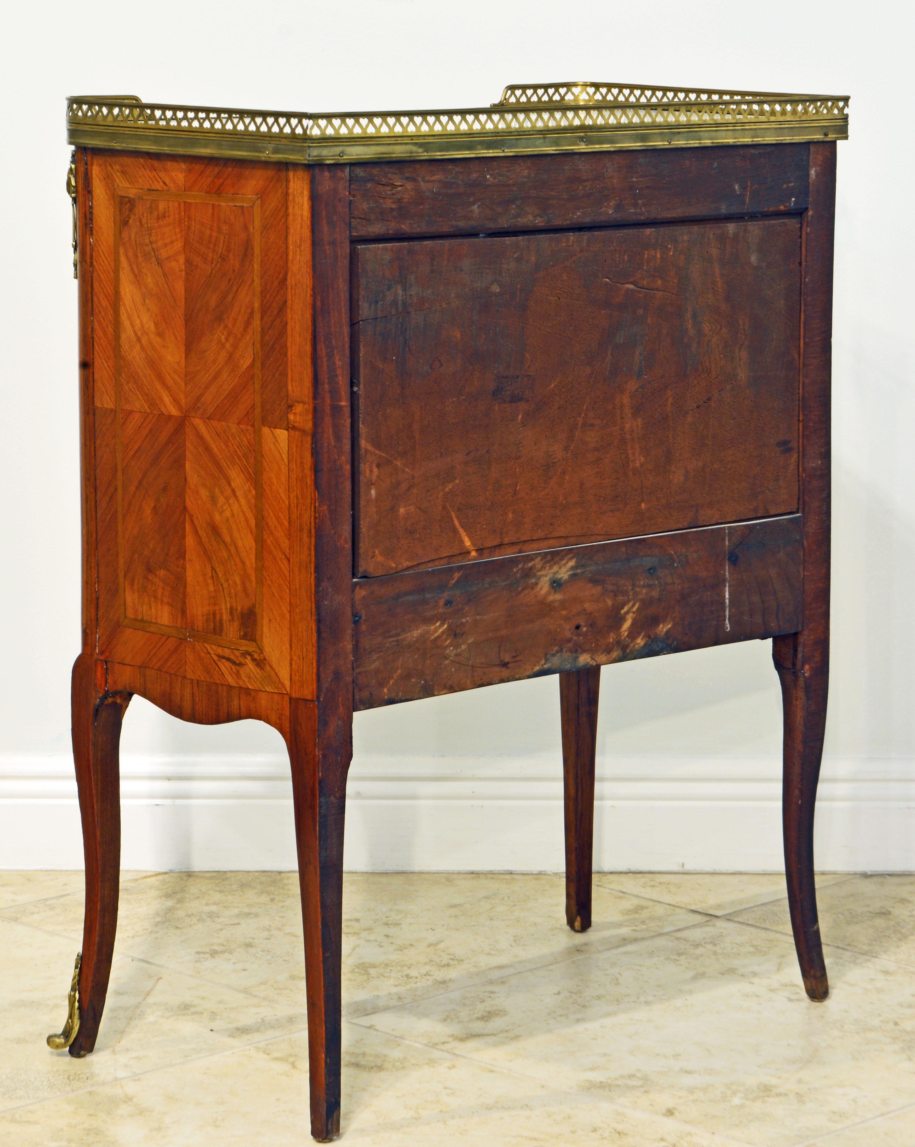 Gilt French Ormolu Mounted Parquetry Marble-Top Four-Drawer Tambour Door Commode