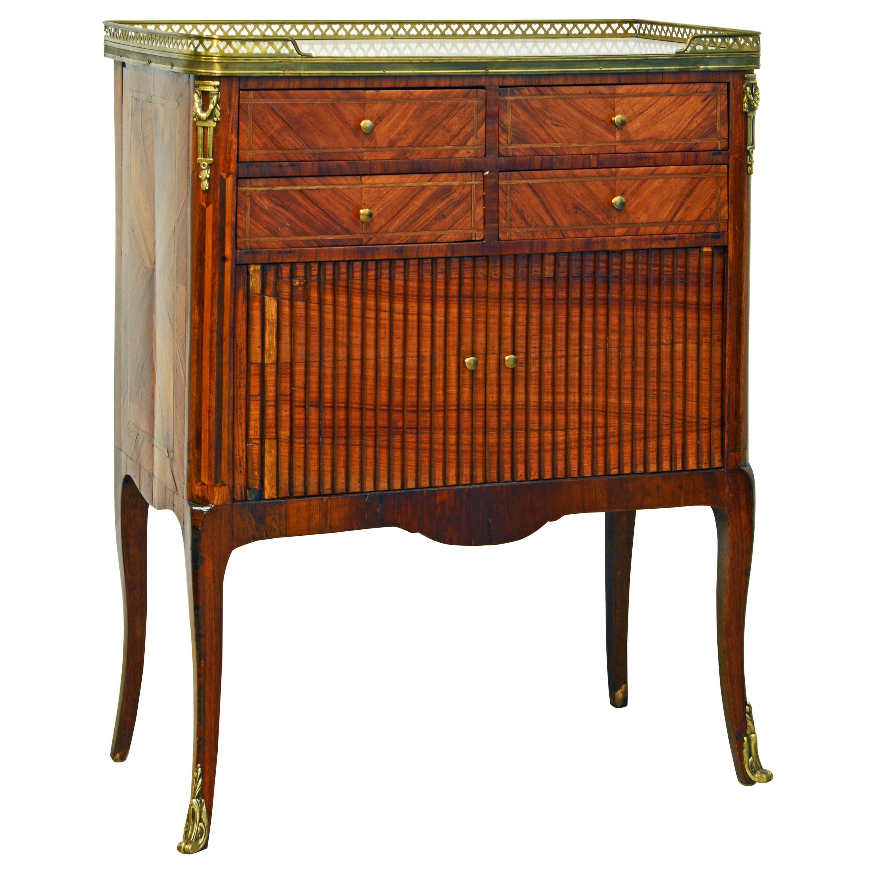 French Ormolu Mounted Parquetry Marble-Top Four-Drawer Tambour Door Commode