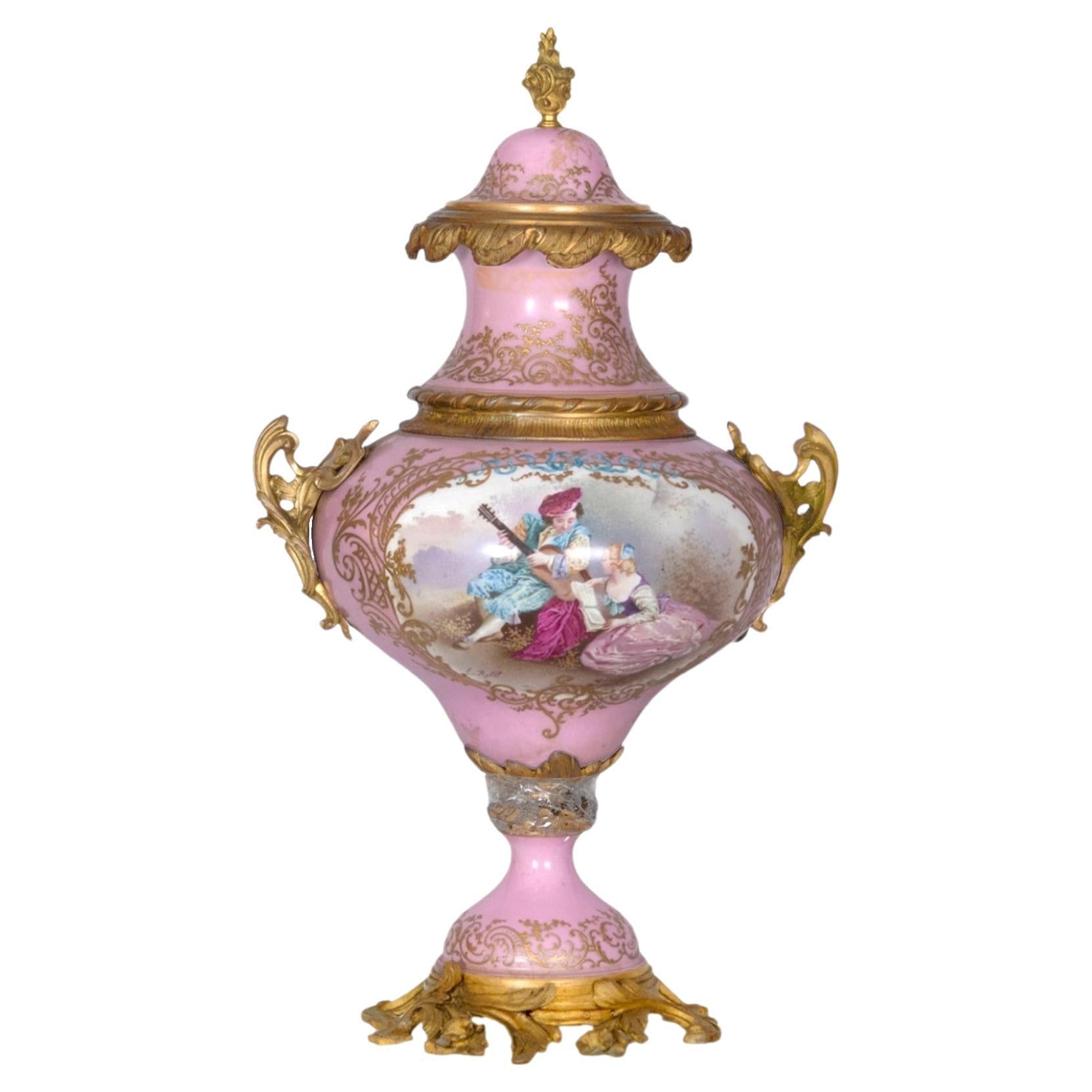 French Ormolu Mounted Pink Sevres Lidded Vase, 1775   For Sale