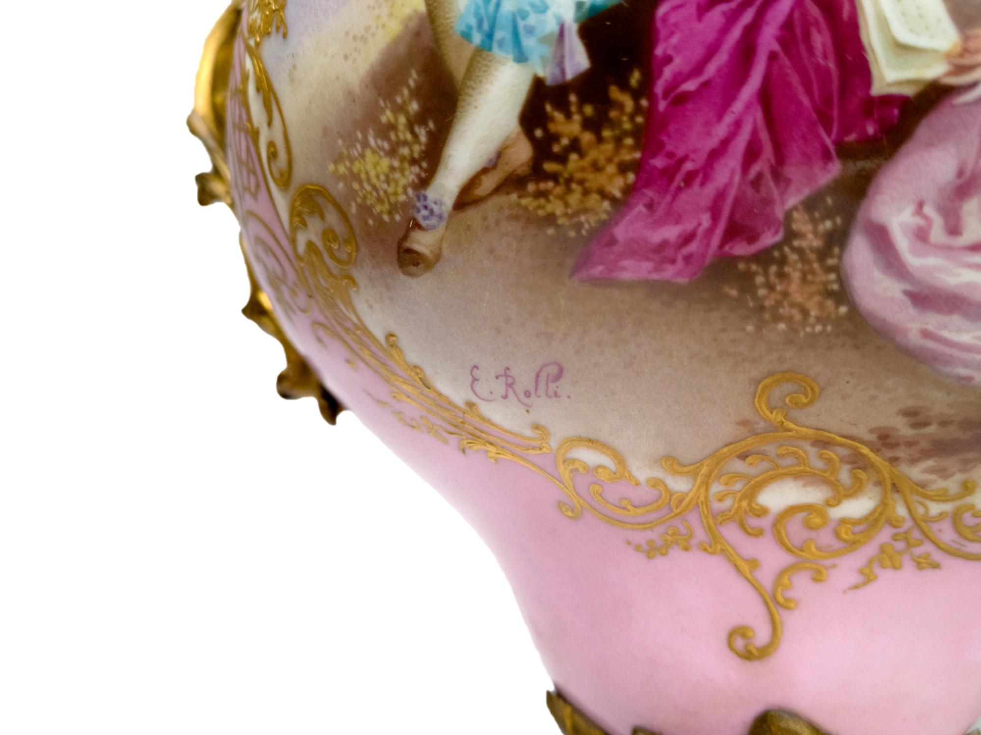 Vaso con coperchio in stile Sèvres rosa con montatura in ormù francese In condizioni discrete in vendita a Lisbon, PT