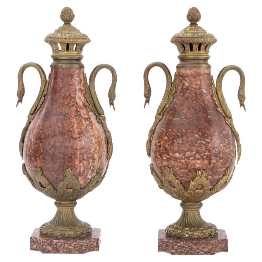 Pair of French Neoclassical Rouge Griotte Urns with Ormolu Mounts
