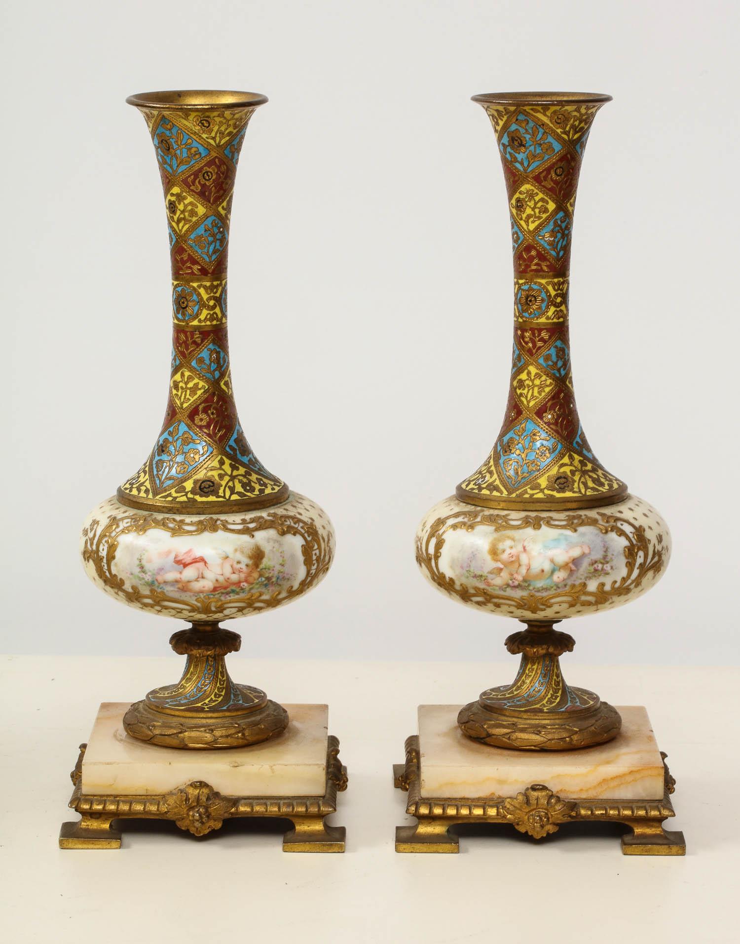French Ormolu-Mounted Sevres Style Porcelain, Champleve Enamel & Onyx Garniture 5