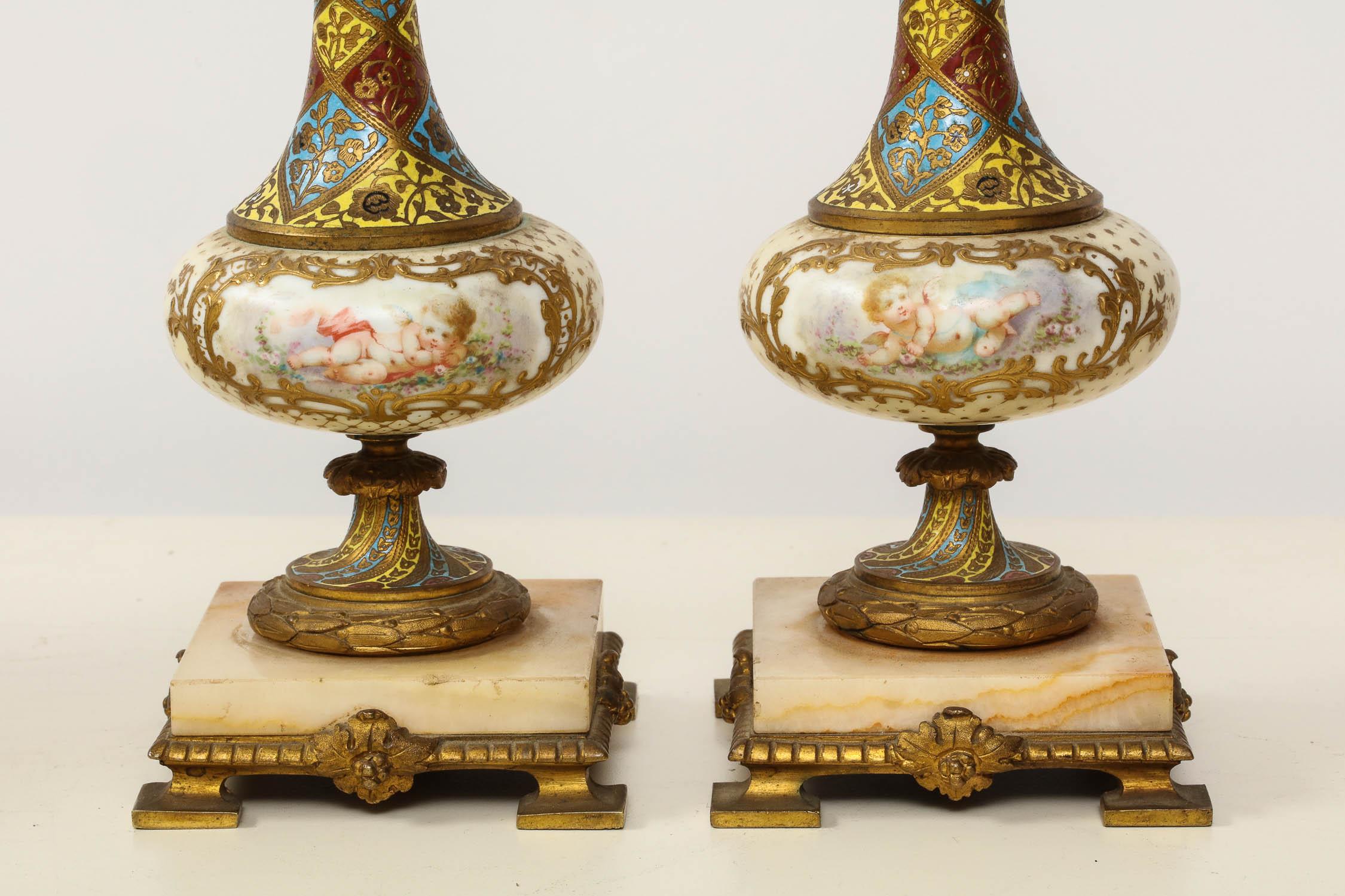 French Ormolu-Mounted Sevres Style Porcelain, Champleve Enamel & Onyx Garniture 6