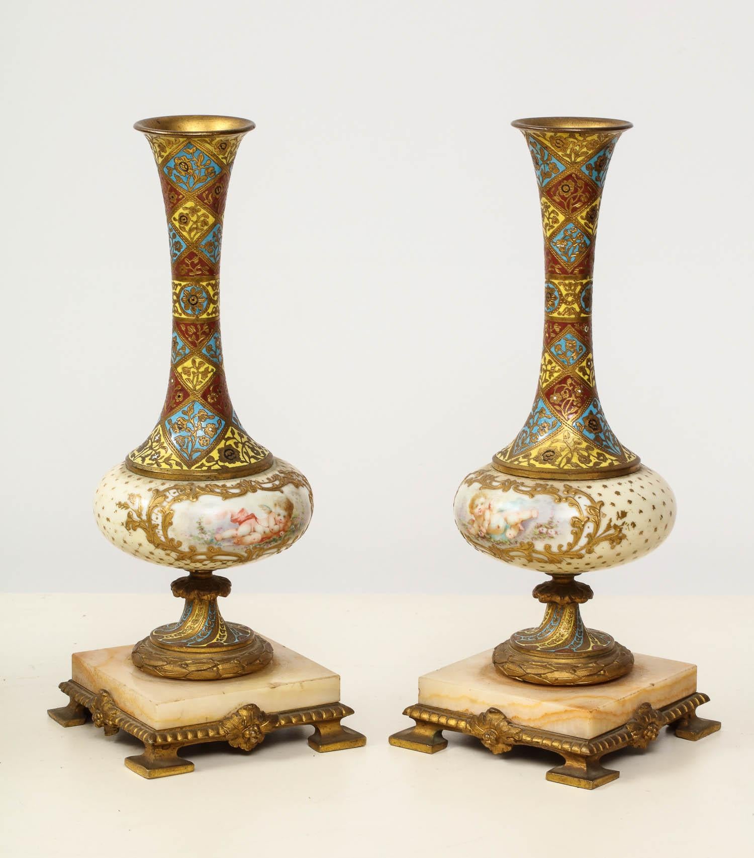 French Ormolu-Mounted Sevres Style Porcelain, Champleve Enamel & Onyx Garniture 7