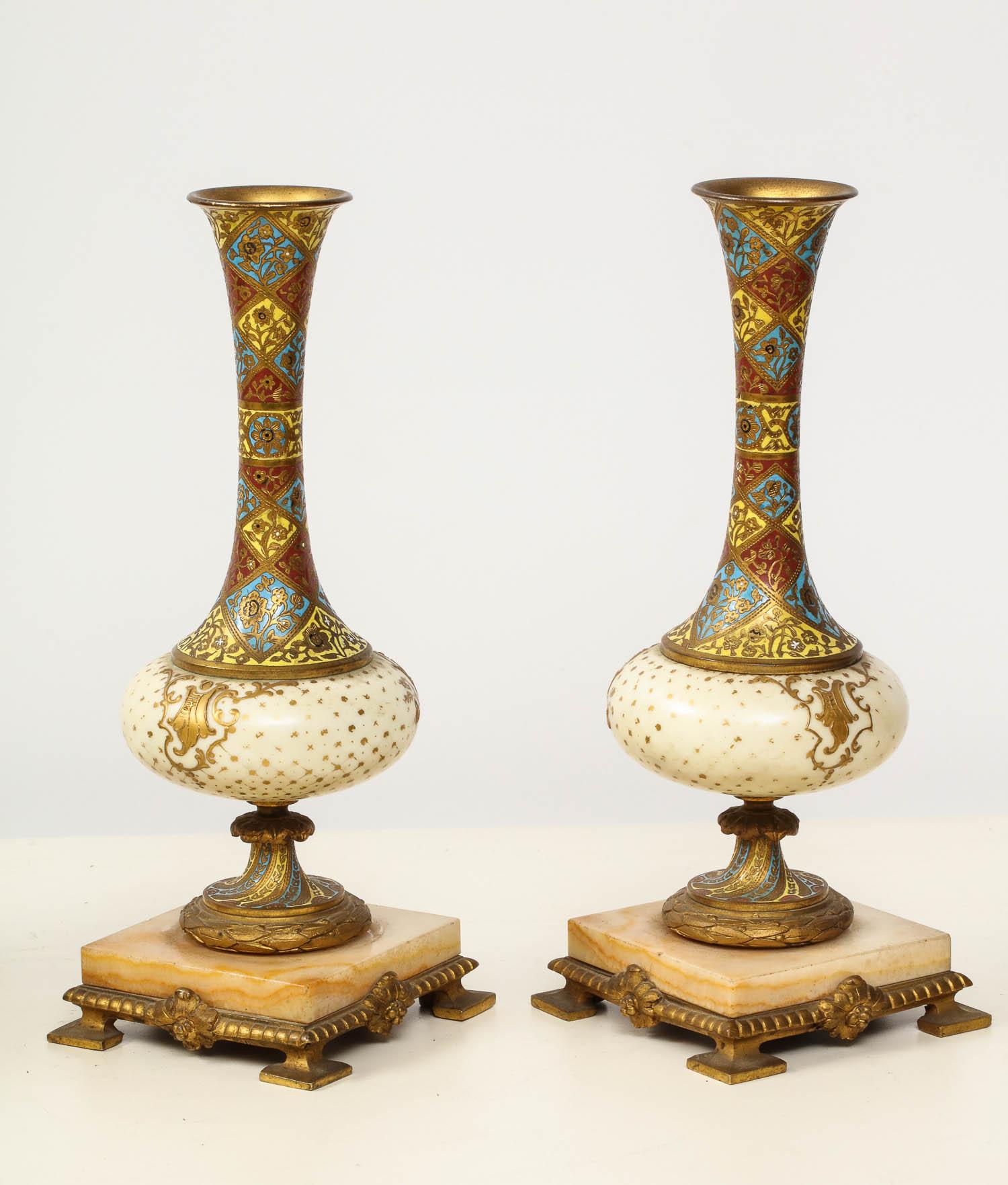 French Ormolu-Mounted Sevres Style Porcelain, Champleve Enamel & Onyx Garniture 8