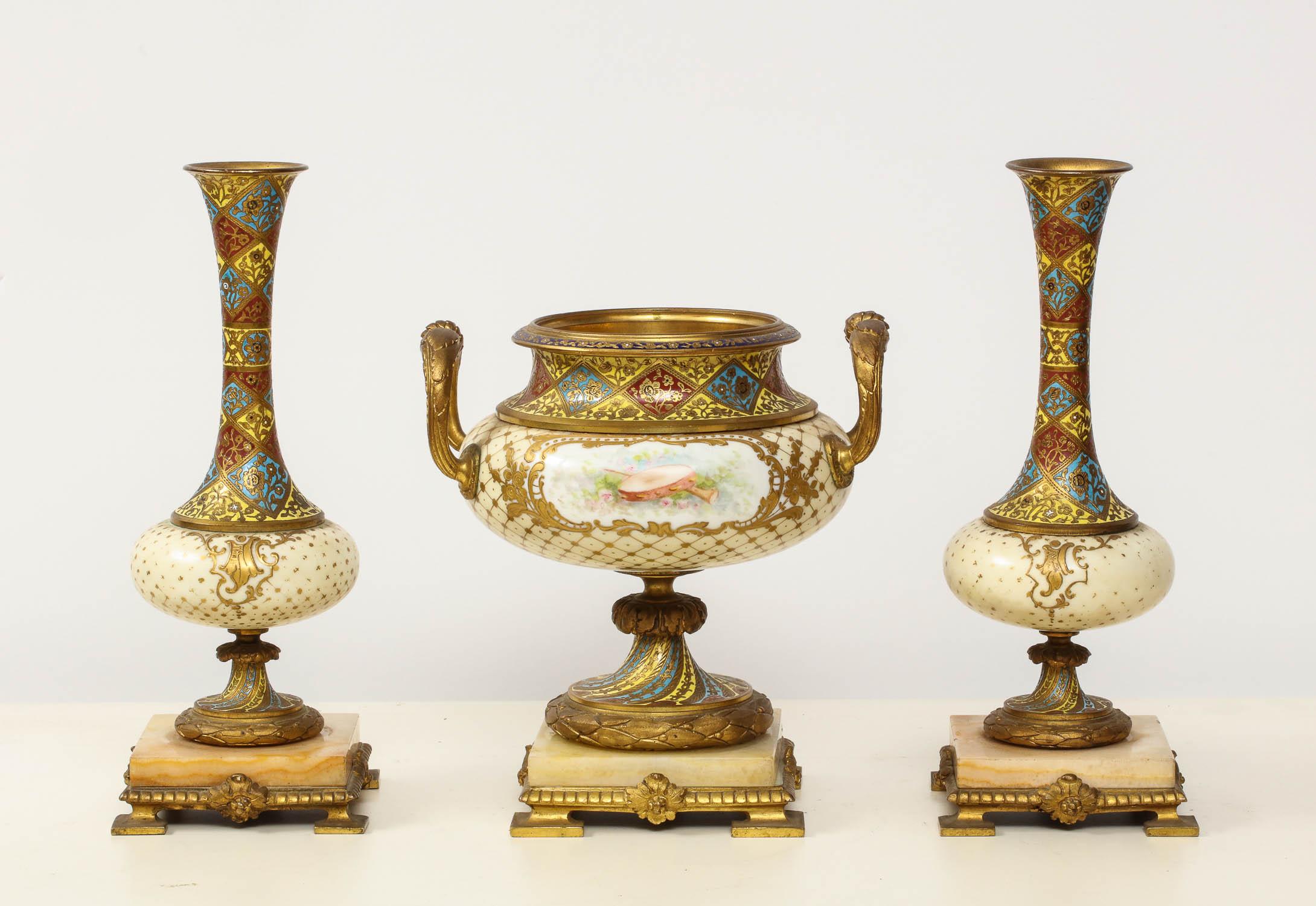 Napoleon III French Ormolu-Mounted Sevres Style Porcelain, Champleve Enamel & Onyx Garniture