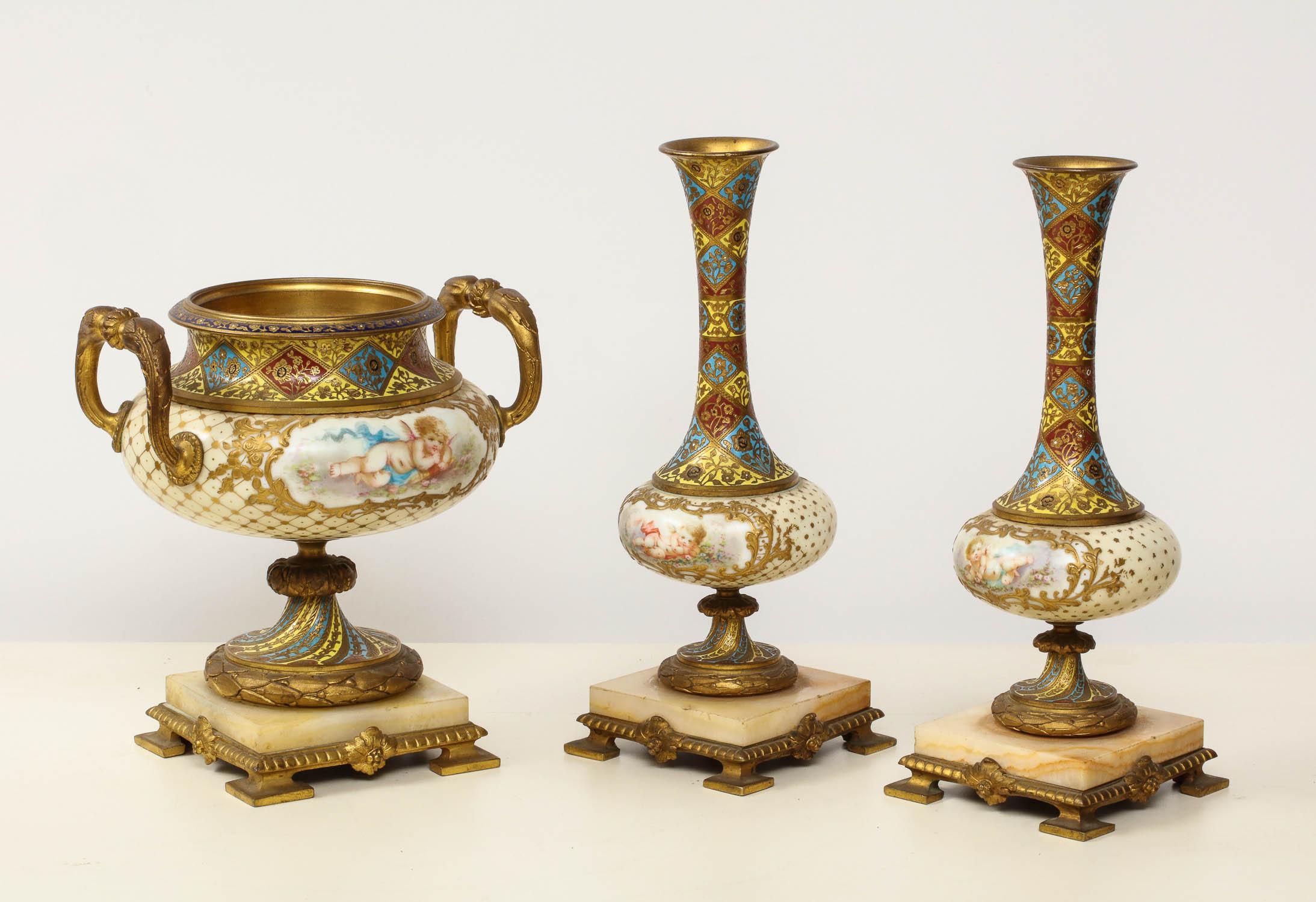 French Ormolu-Mounted Sevres Style Porcelain, Champleve Enamel & Onyx Garniture In Excellent Condition In New York, NY