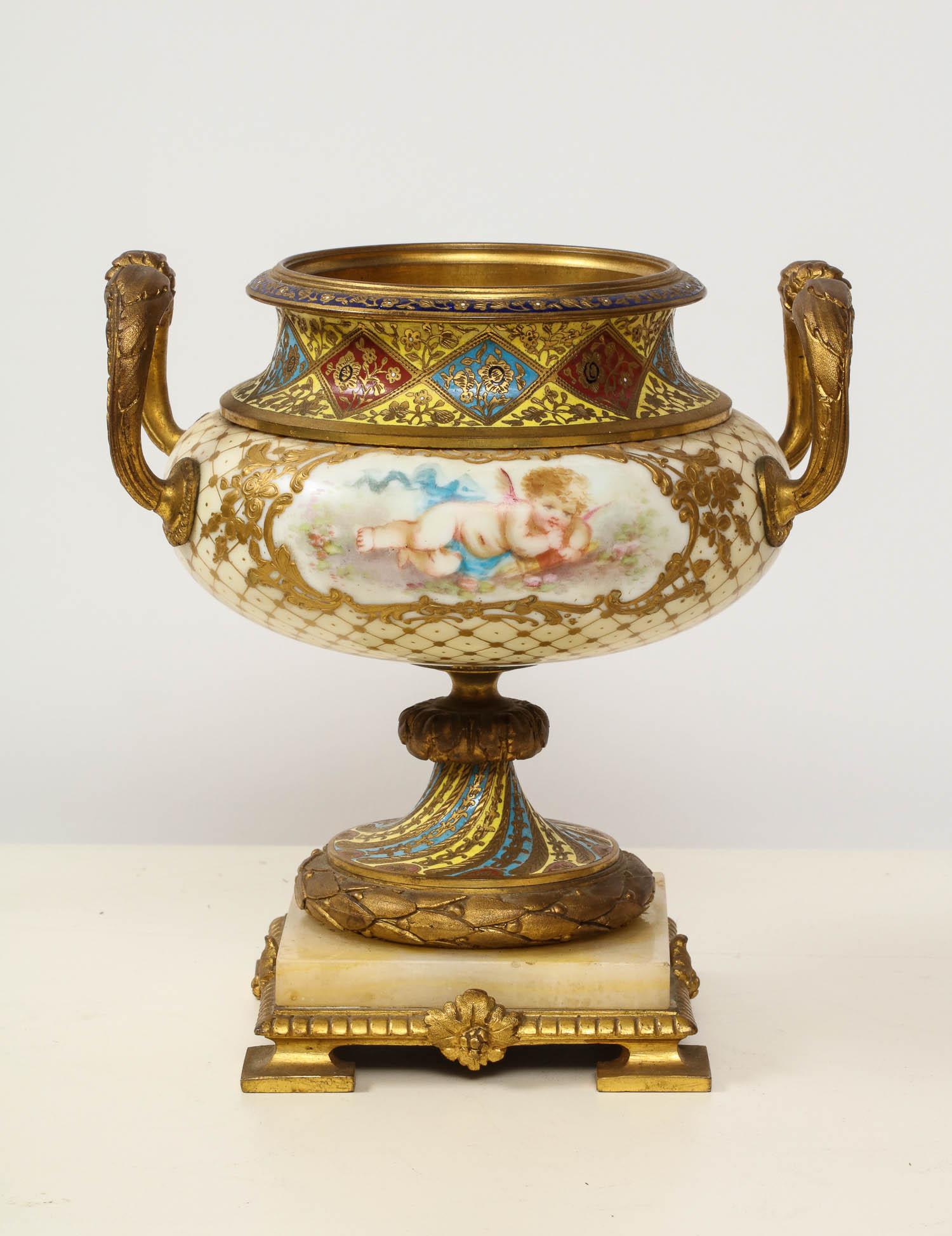 French Ormolu-Mounted Sevres Style Porcelain, Champleve Enamel & Onyx Garniture 1