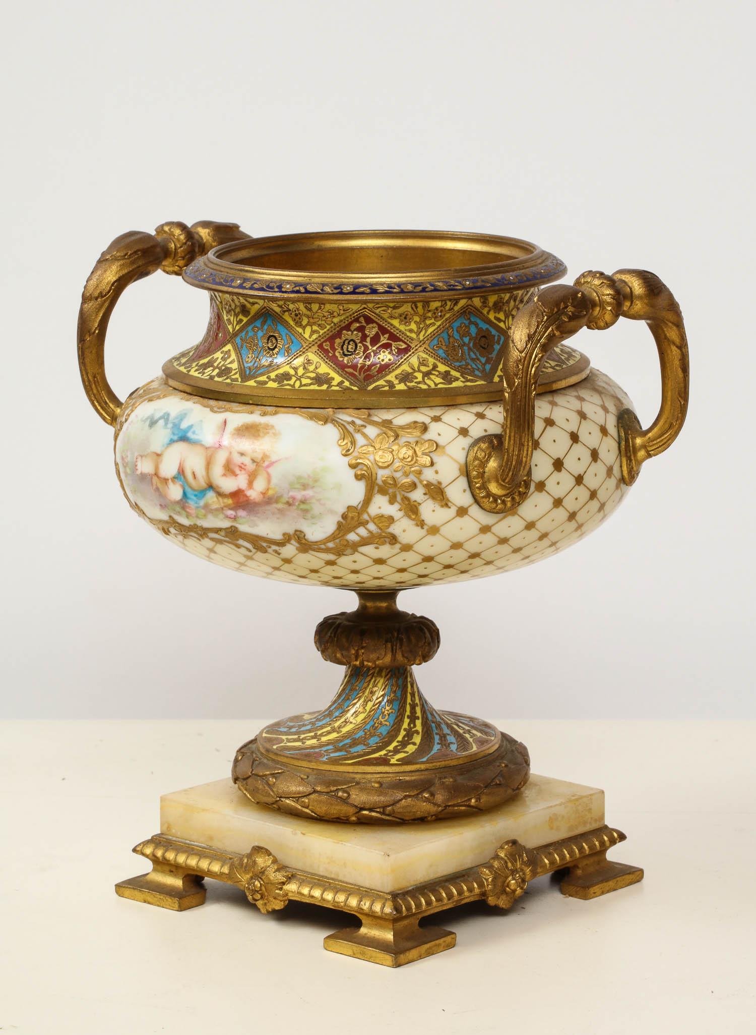 French Ormolu-Mounted Sevres Style Porcelain, Champleve Enamel & Onyx Garniture 2
