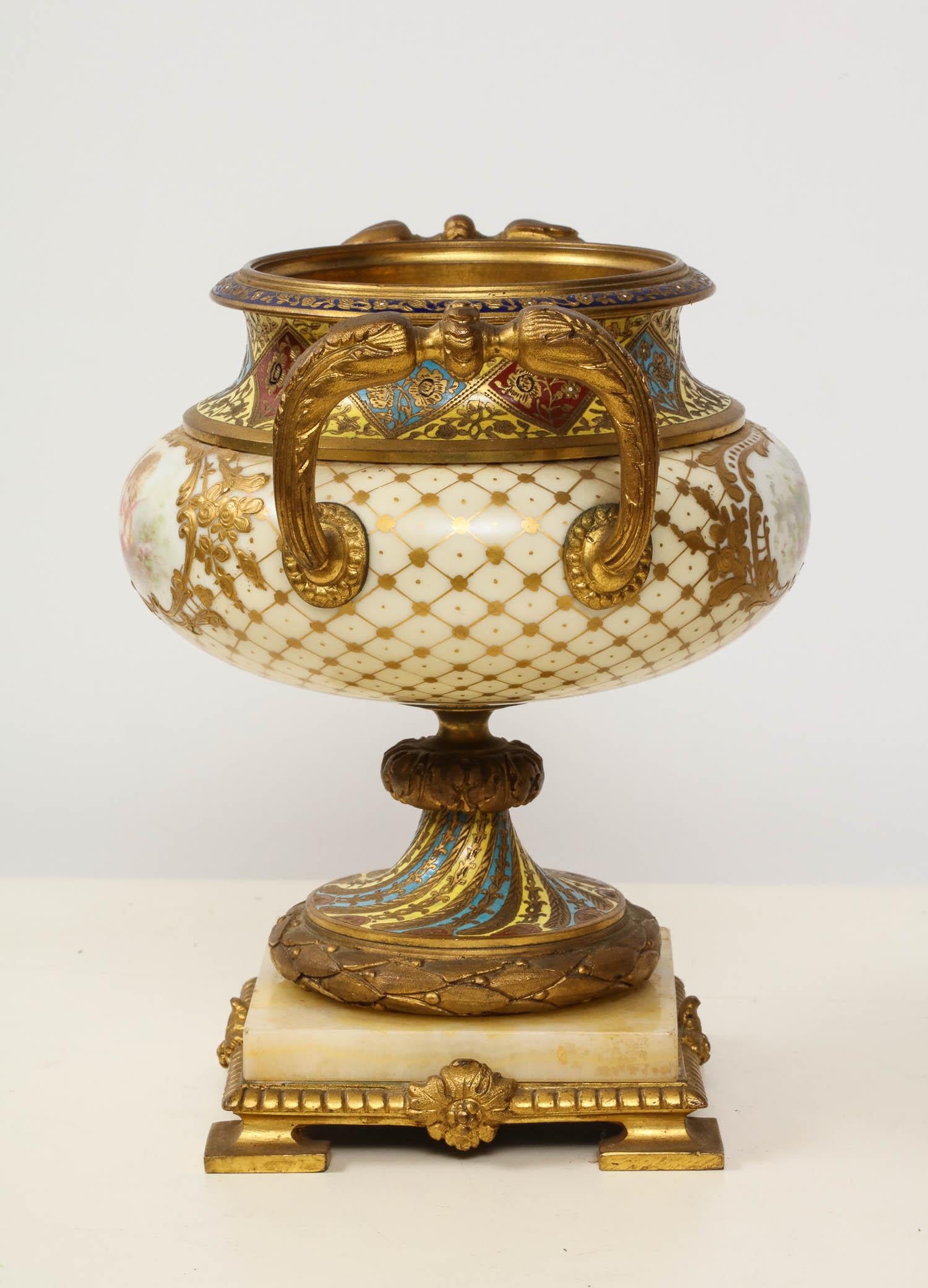 French Ormolu-Mounted Sevres Style Porcelain, Champleve Enamel & Onyx Garniture 3